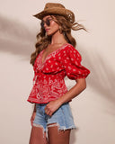Kinslee Plunging Neckline Paisley Bandana Print Peplum Top