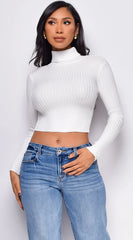 Astraia Basic Turtle Neck Crop Ribbed Sweater Top Off White