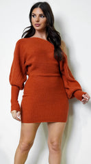 Moscow Off Shoulder Sweater Mini Dress Rust