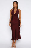 Guess You Miss Me Halter Midi Dress Burgundy Pink Dot