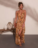 Mediterranean Muse Floral Halter Neck Maxi Dress