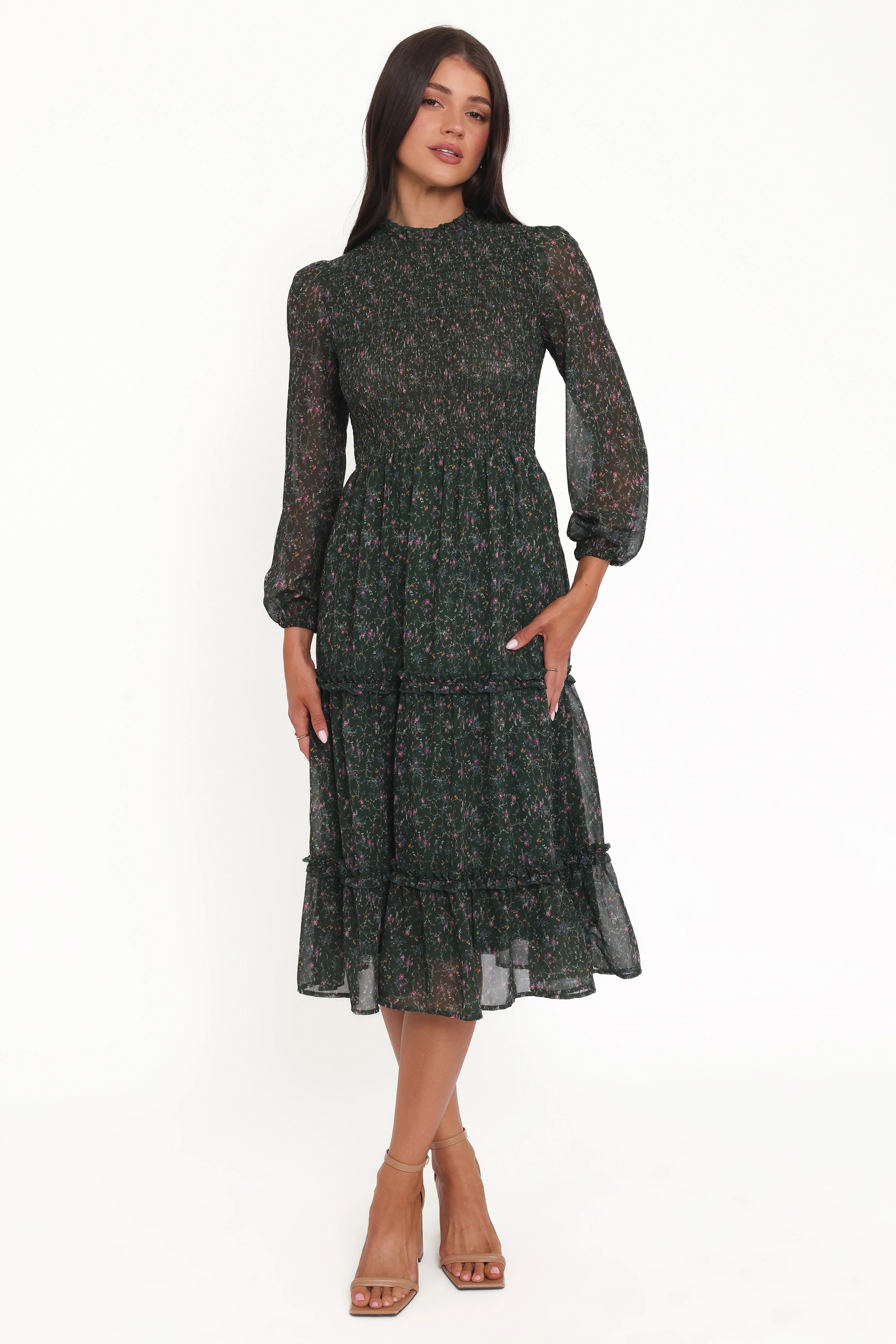 Edwina Shirred Frill Long Sleeve Midi Dress Olive Floral