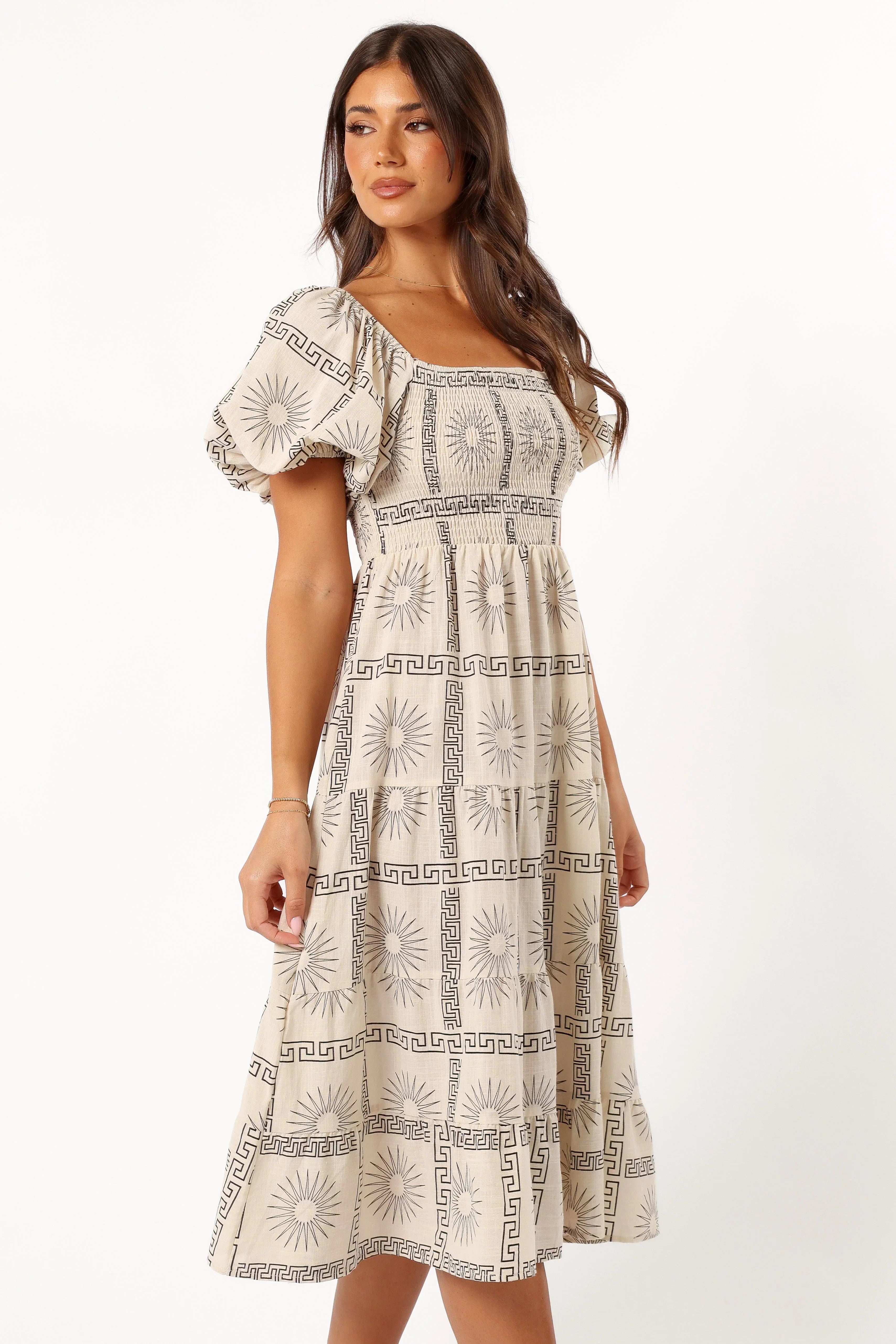 Soliel Puff Sleeve Midi Dress Beige Black