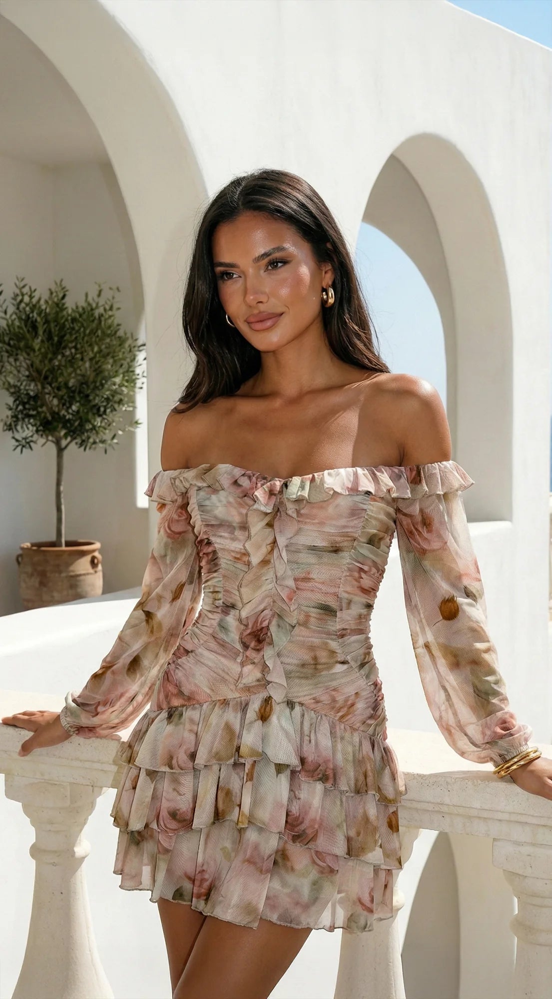 Sorrento Garden Floral Off Shoulder Ruffle Mini Dress Beige Multi