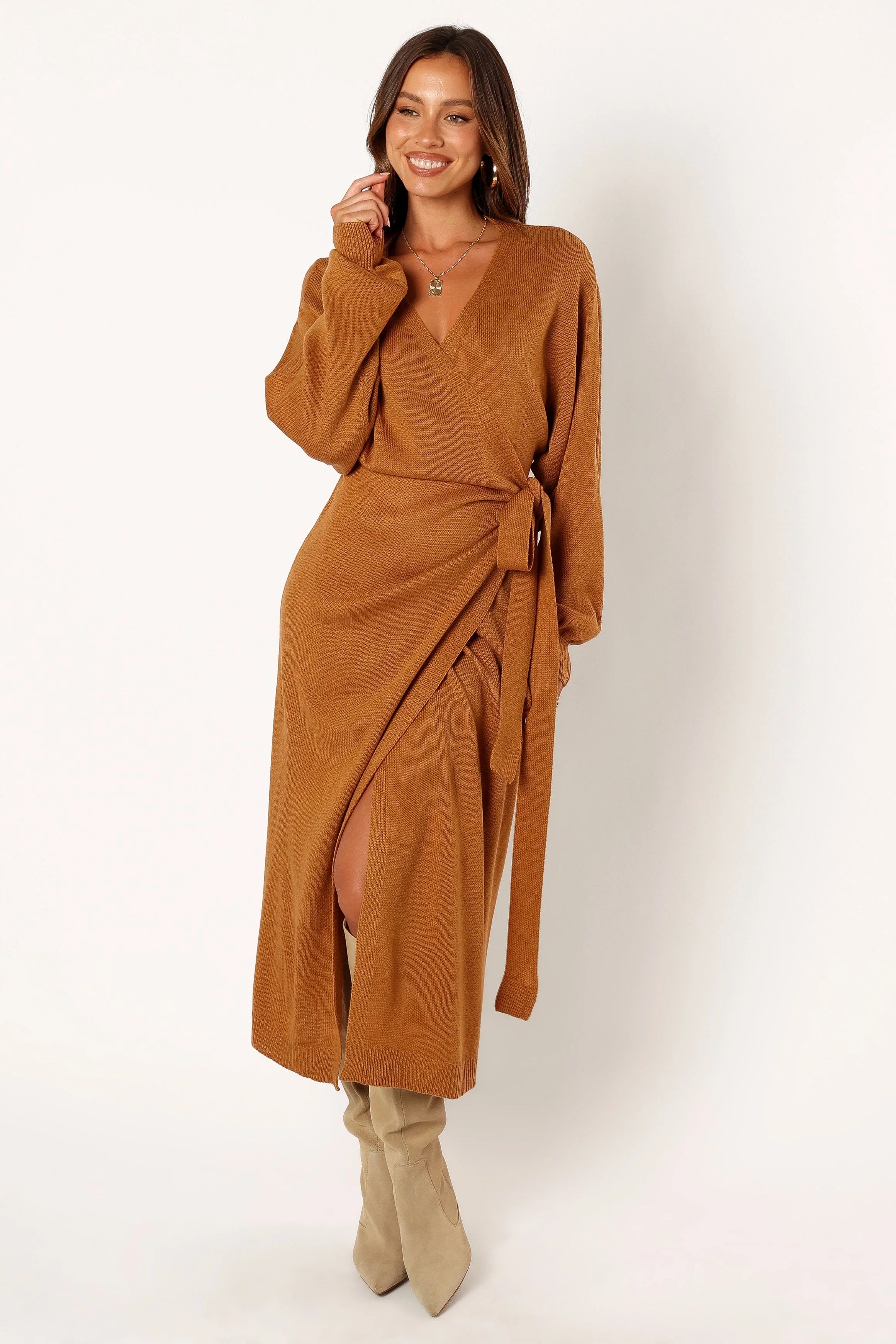 Nova Wrap Knit Midi Dress Camel