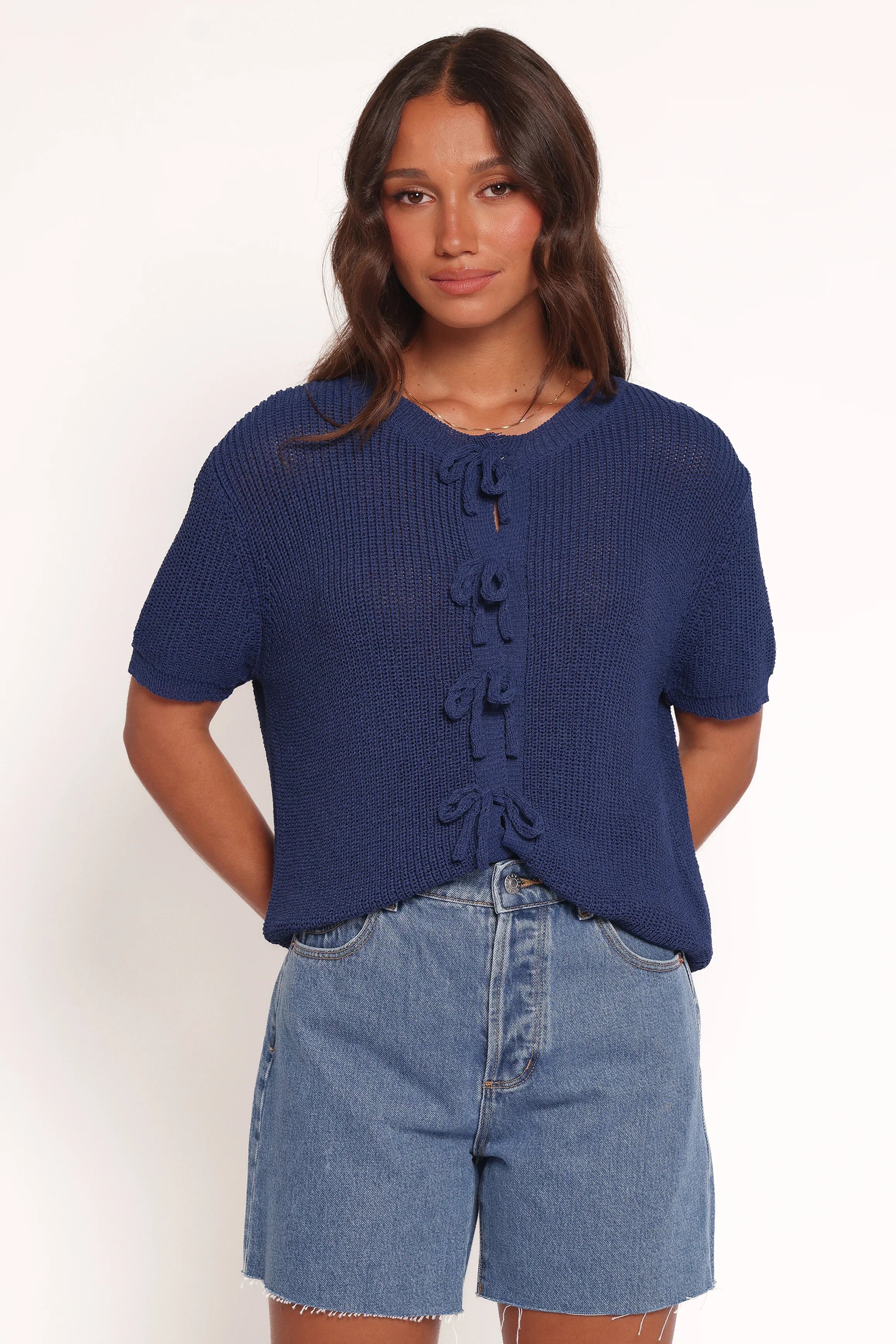 Gemma Short Sleeve Bow Cardigan Navy