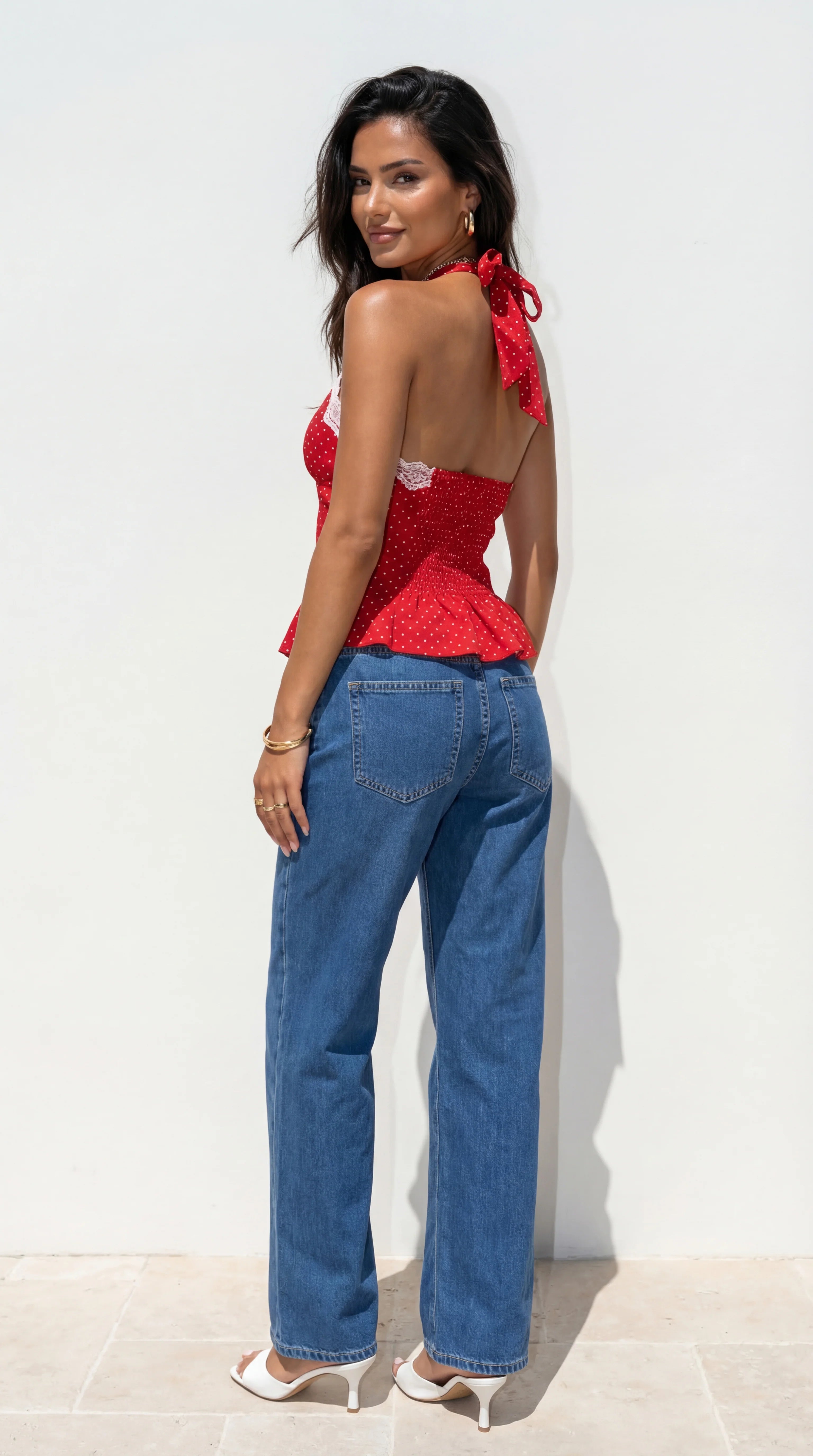Valette Polka Dot Lace Halter Top Red