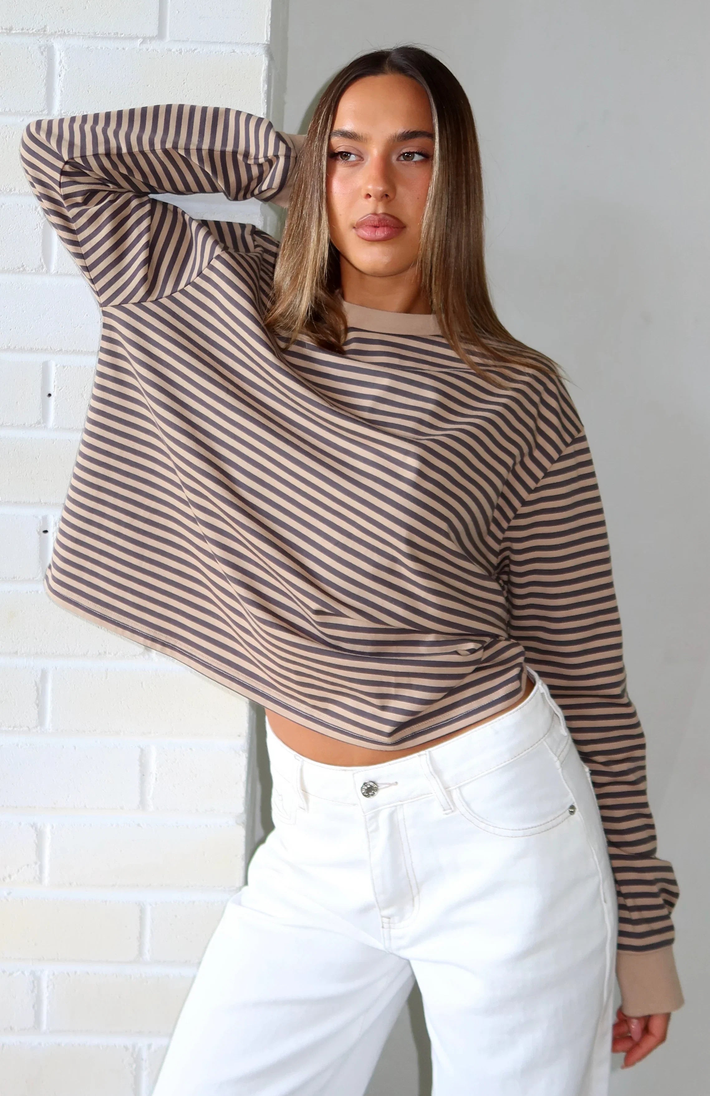 Catch The Drift Long Sleeve Tee Chocolate Tan Stripe