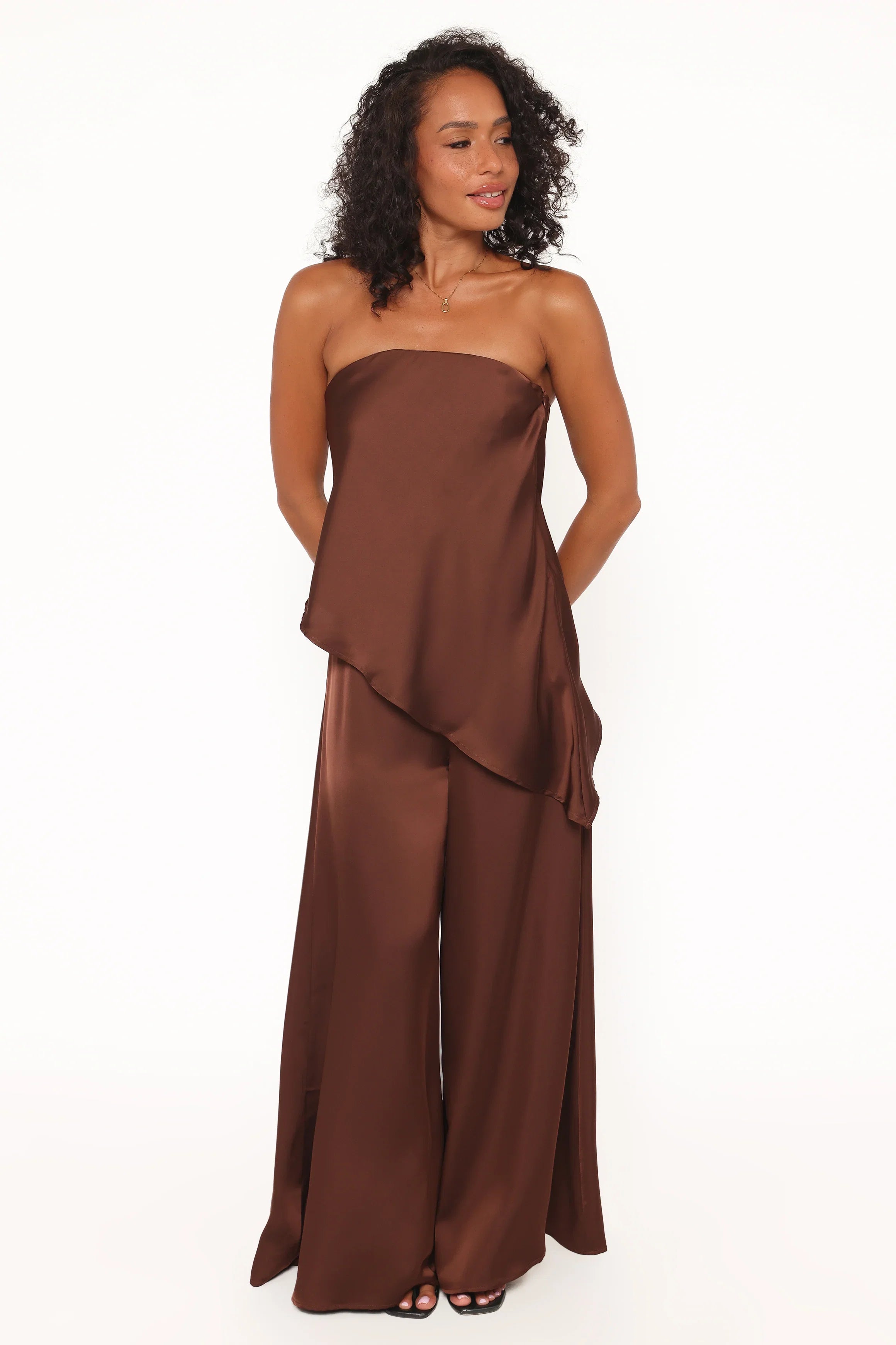 Charmer Asymmetrical Longline Strapless Top Dark Brown