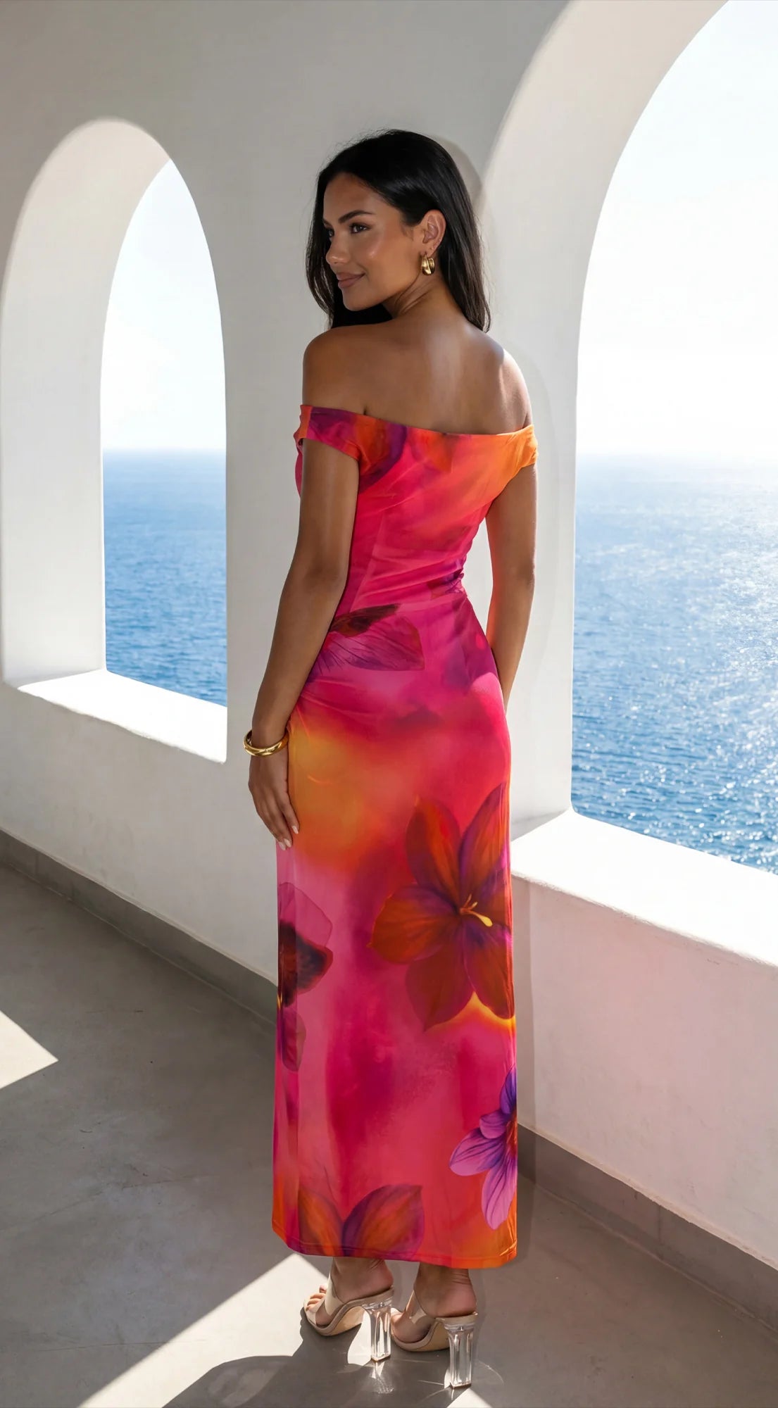 Solmira Mesh Off Shoulder Maxi Dress Pink Multi