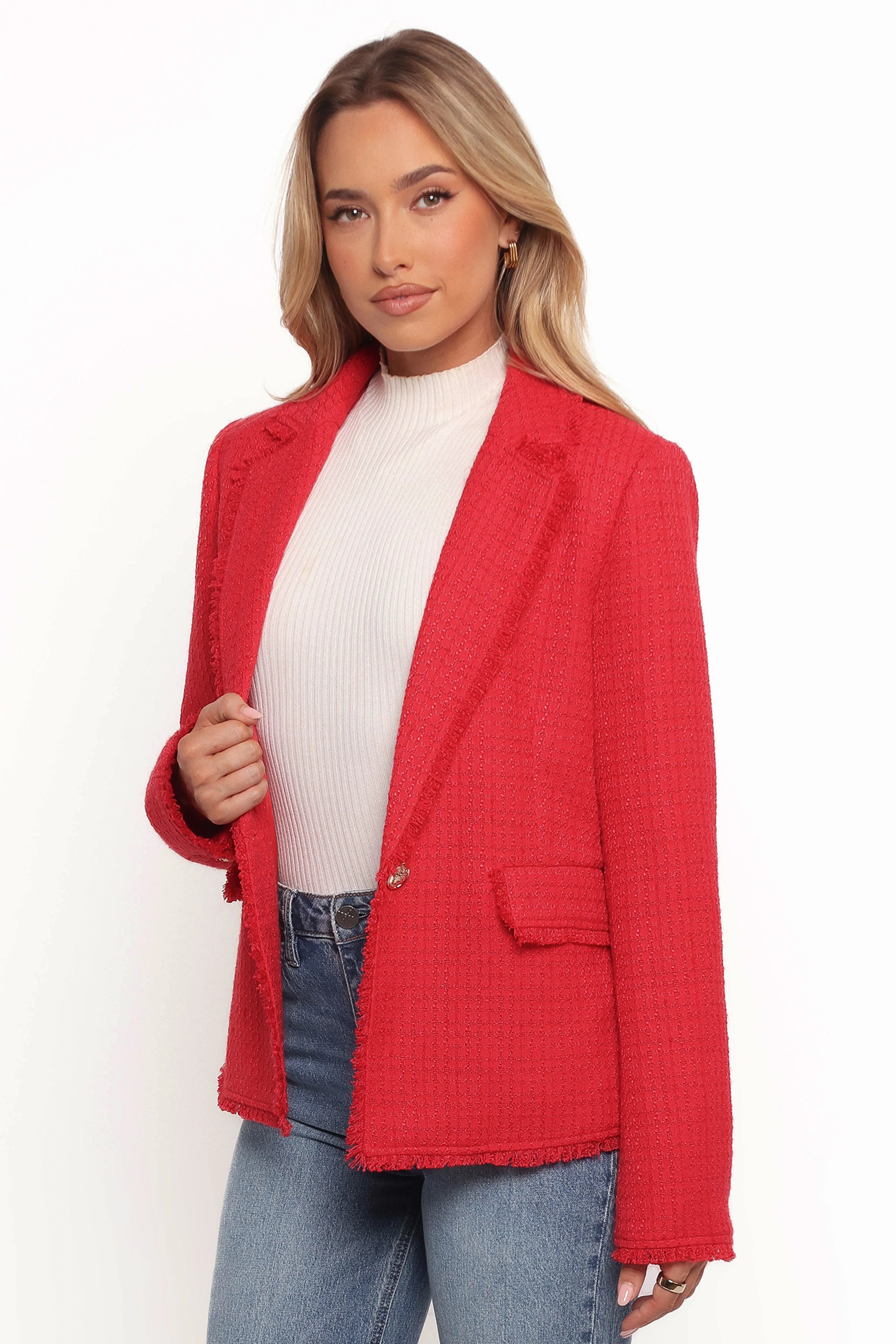 Simona Single Button Twill Blazer Red