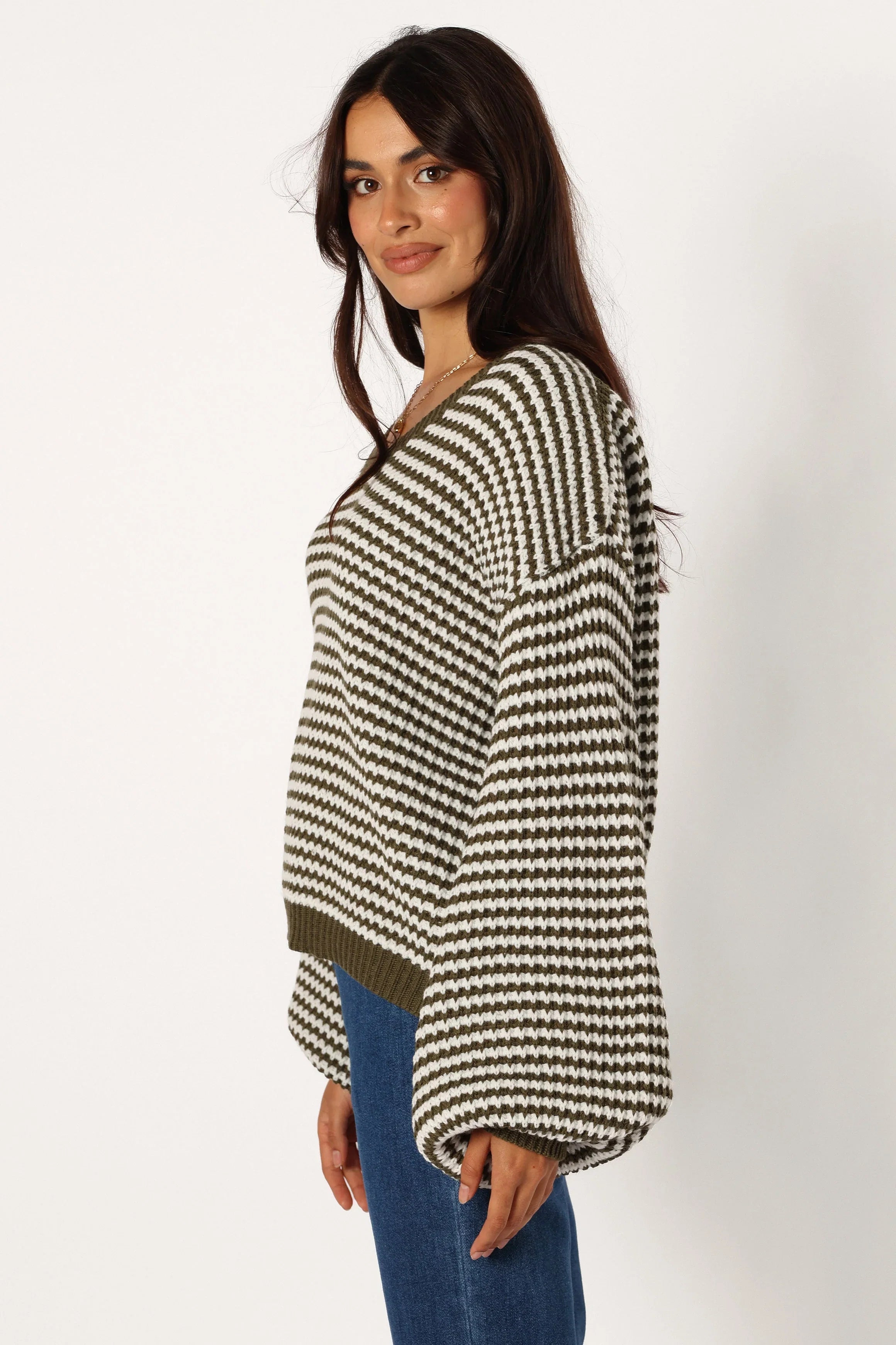 Becca Crewneck Waffle Stitch Stripe Knit Sweater Olive