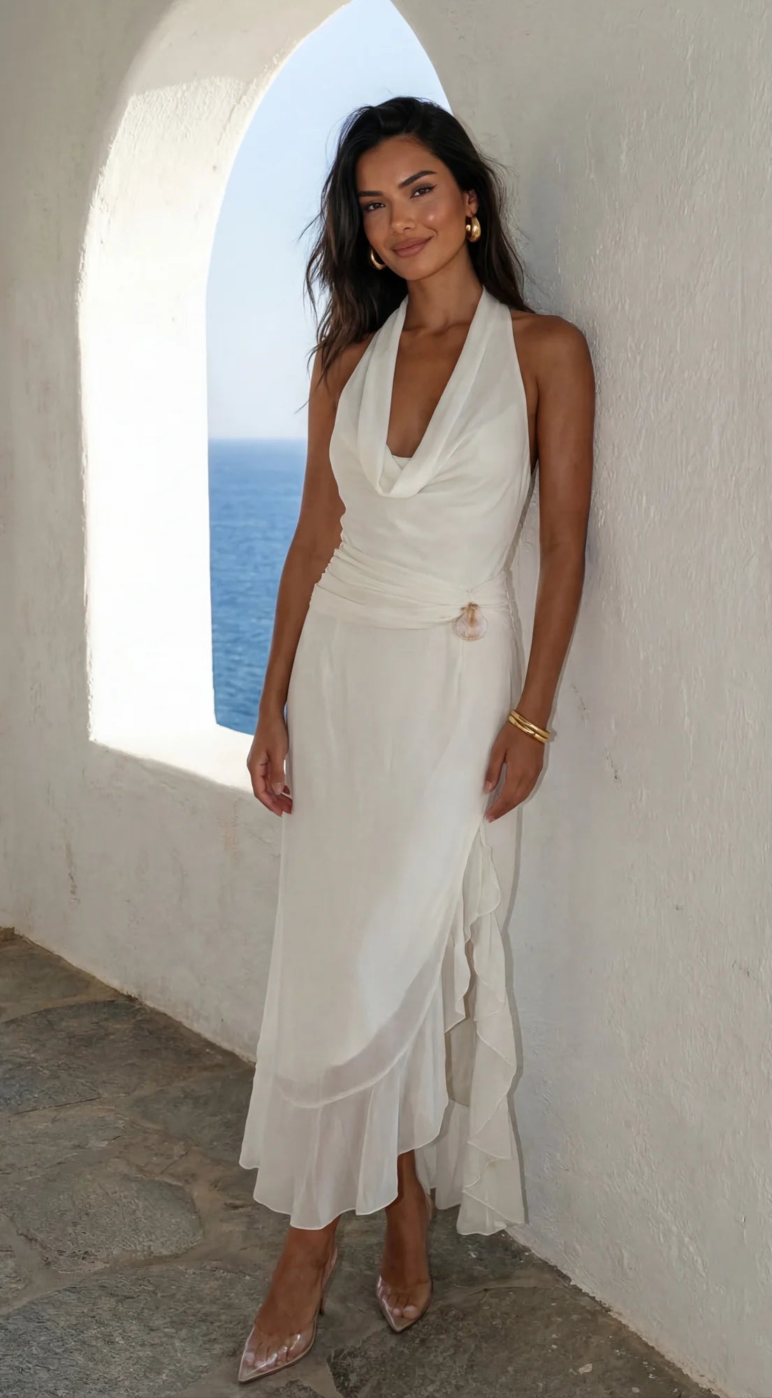 Aurevia Drape Seashell Slit Maxi Dress Off White