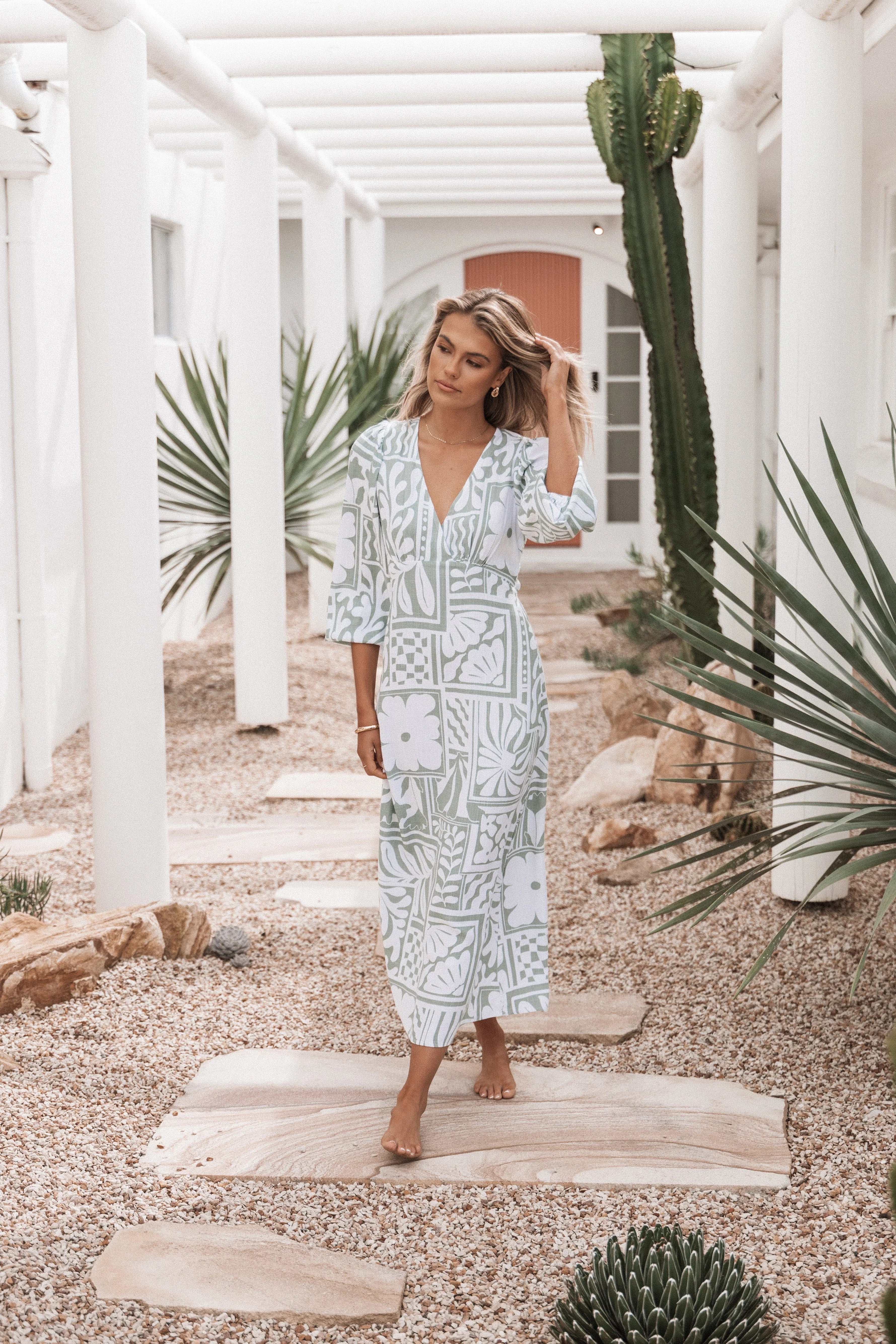 Kolby Long Sleeve Midi Dress Sage Print