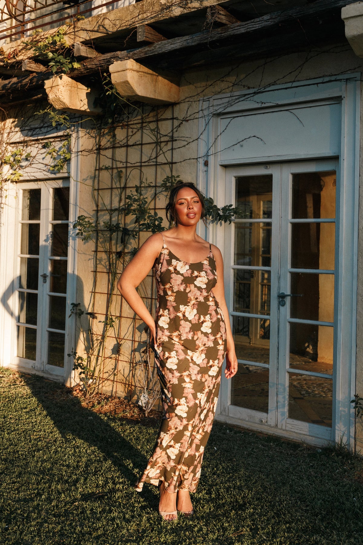 Jamie Maxi Slip Dress Olive Floral