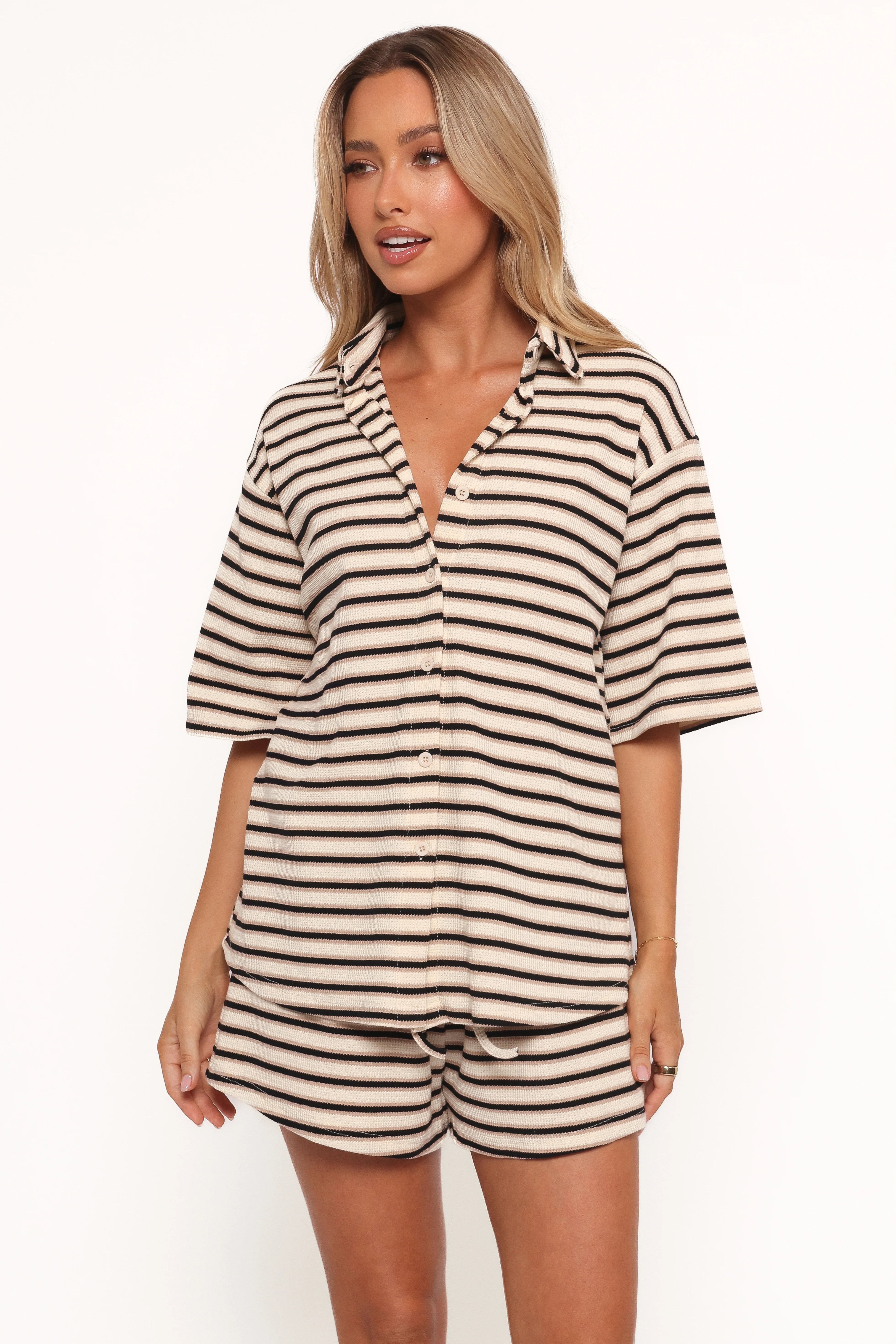 Alden Cotton Knit Set Beige Black Stripe