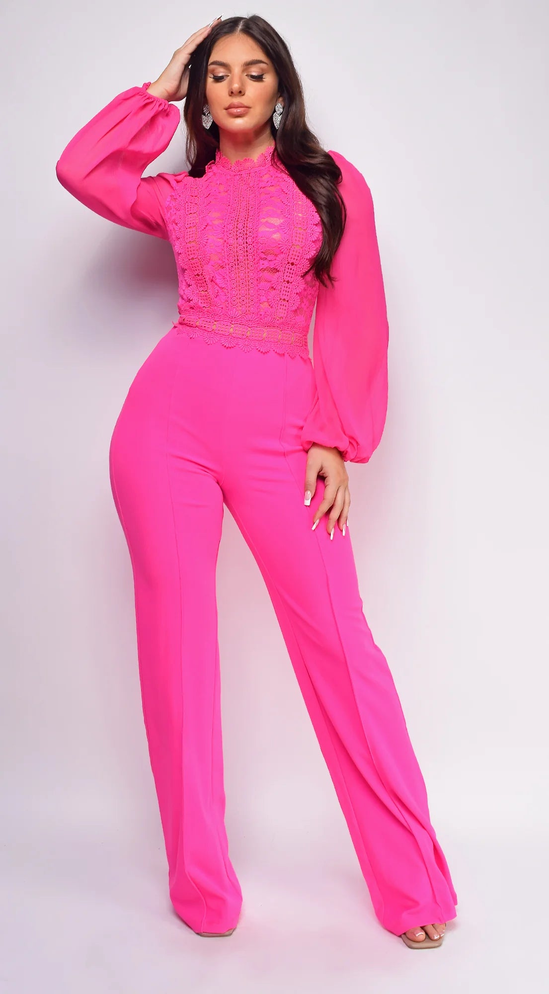 Nerine Crochet Lace Mesh Jumpsuit Ultra Pink