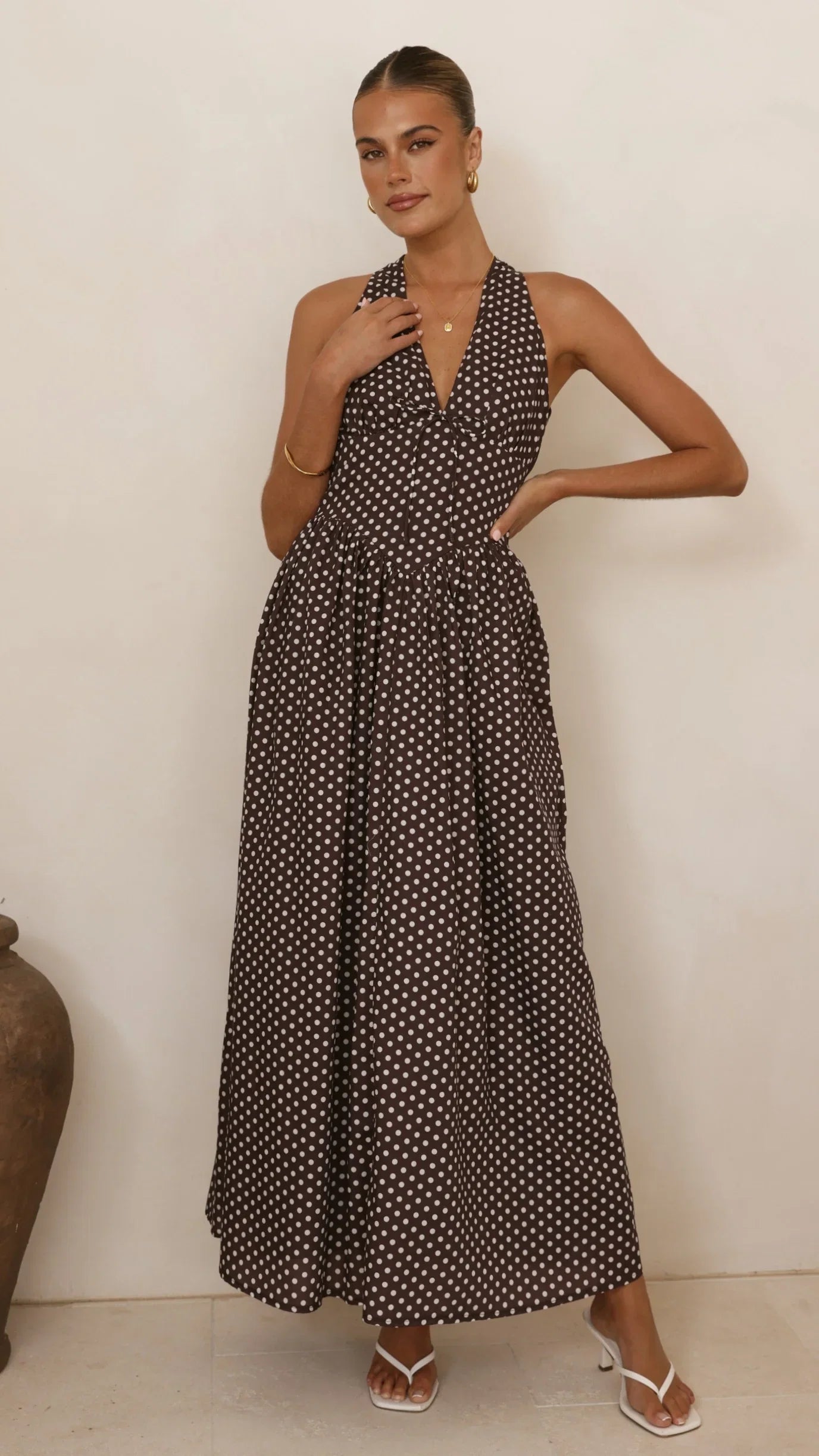 Rachel Tie Back Maxi Dress Chocolate White Spot