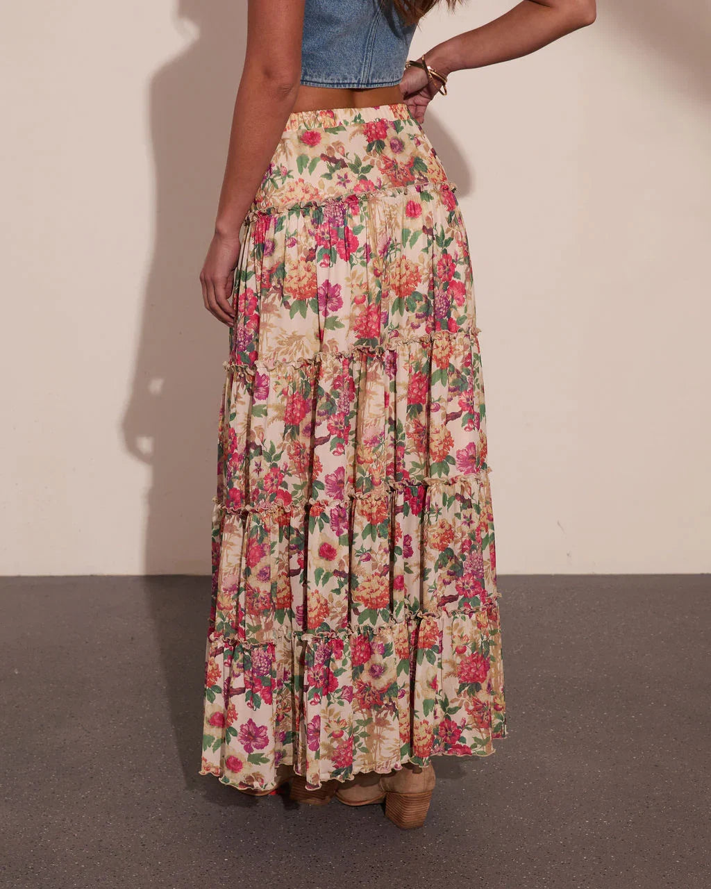 Honey Daze Tiered Floral Mesh Maxi Skirt