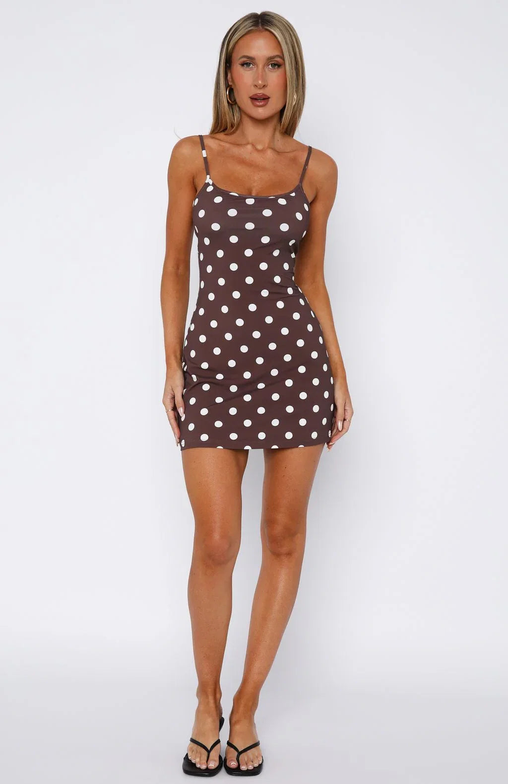 Maybe Later Mini Dress Choc Cream Polka Dot