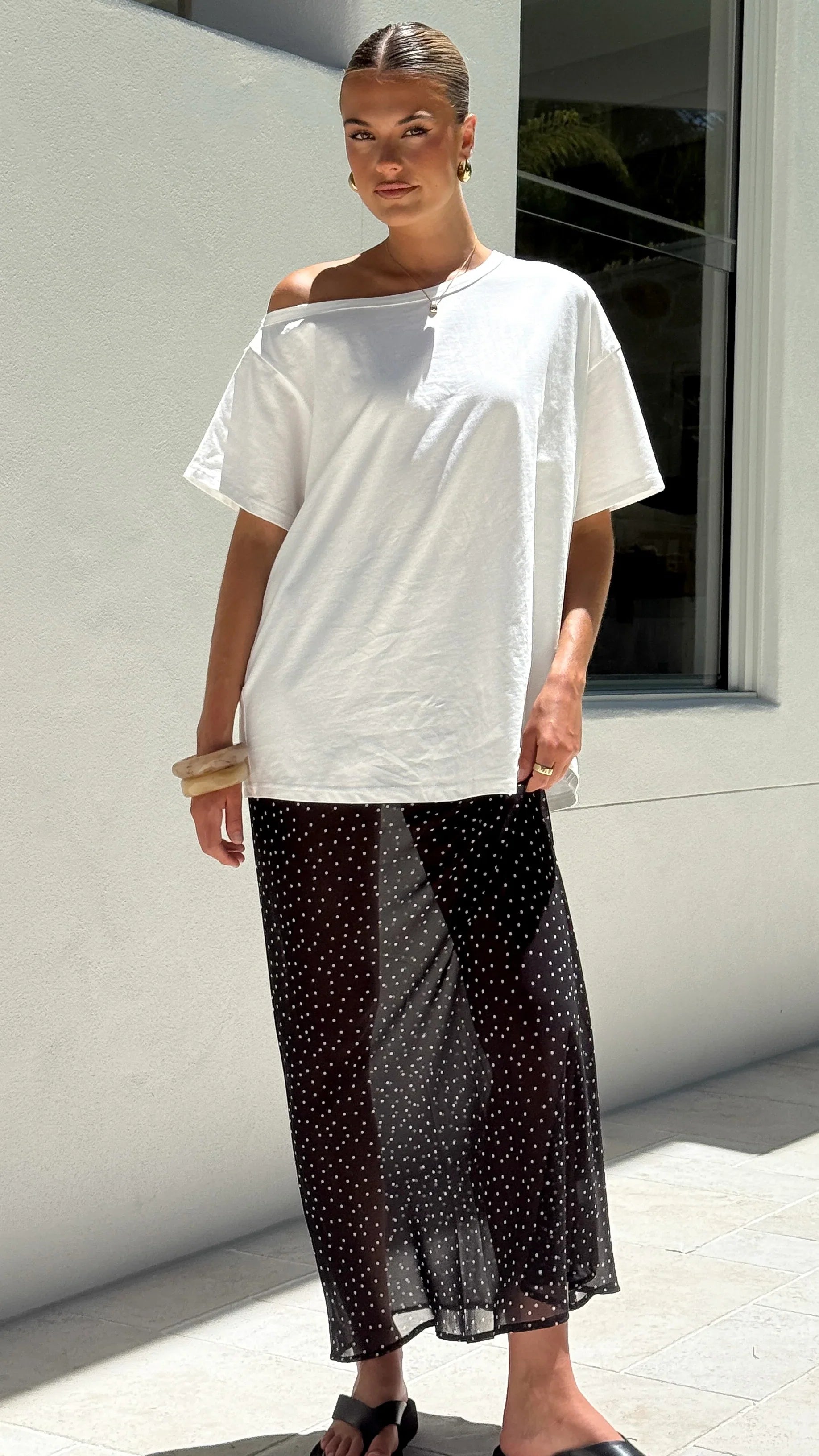 Elena Top and Maxi Skirt Set White Black Polka