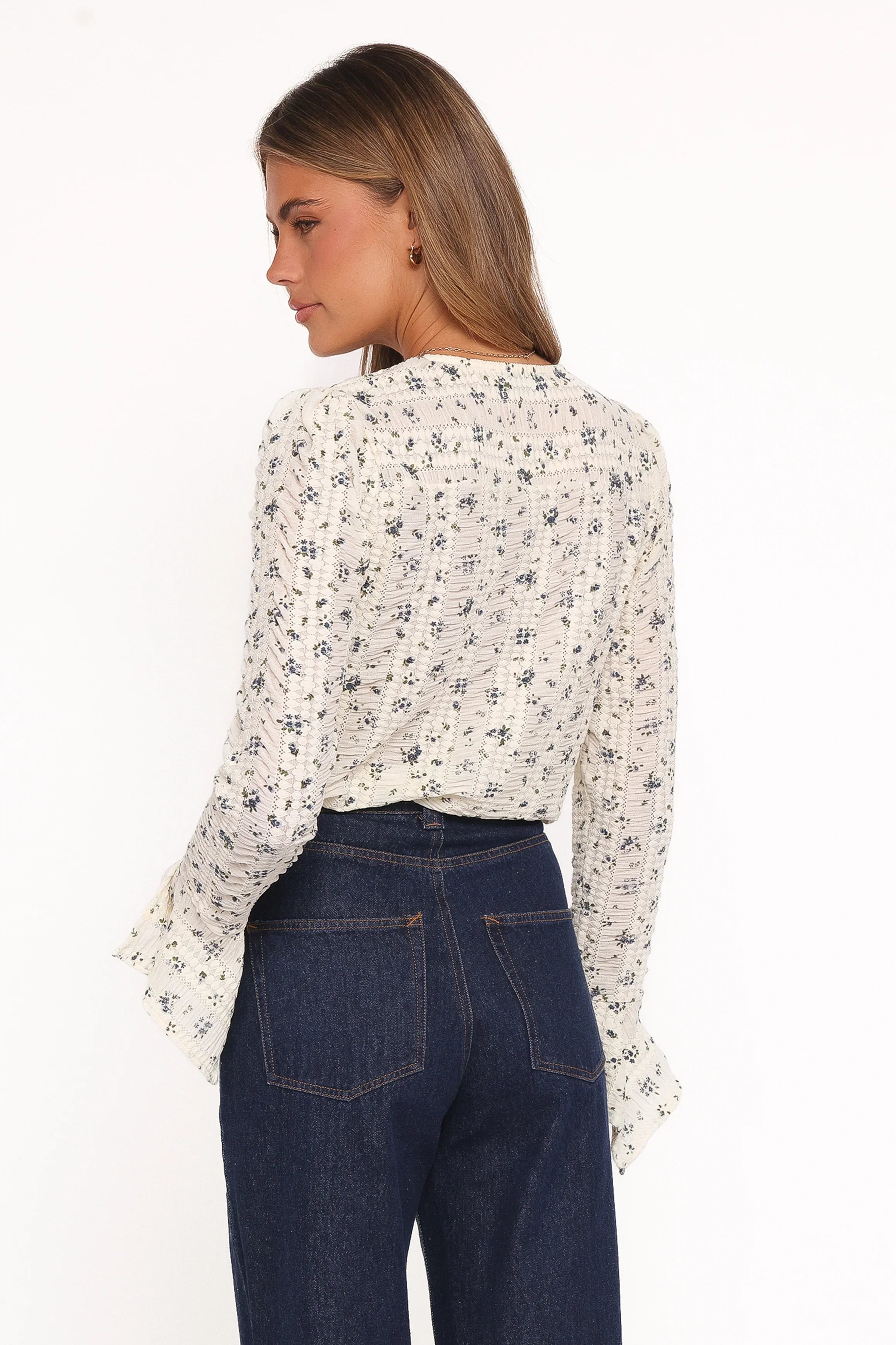 Eira Textured Ruffle Top Cream Blue Floral
