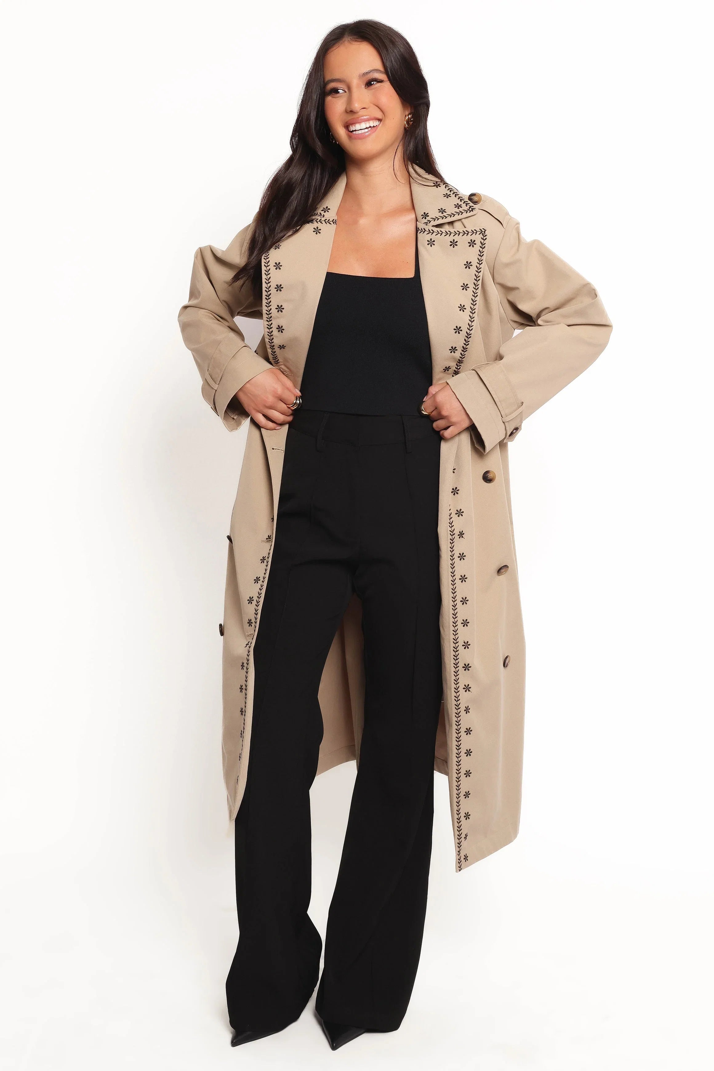 Grayson Embroidered Trim Trench Coat Taupe