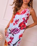 Silken Garden Draped Floral One Shoulder Maxi Dress