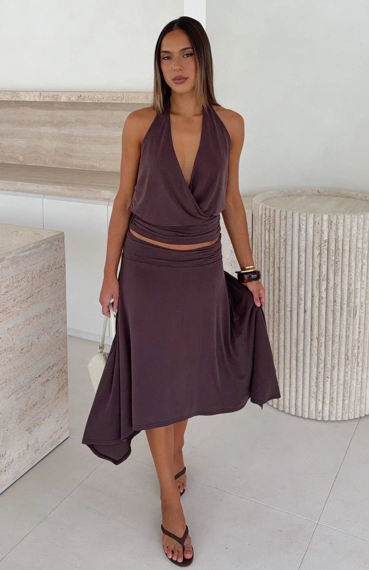 Tropic Drift Midi Skirt Chocolate