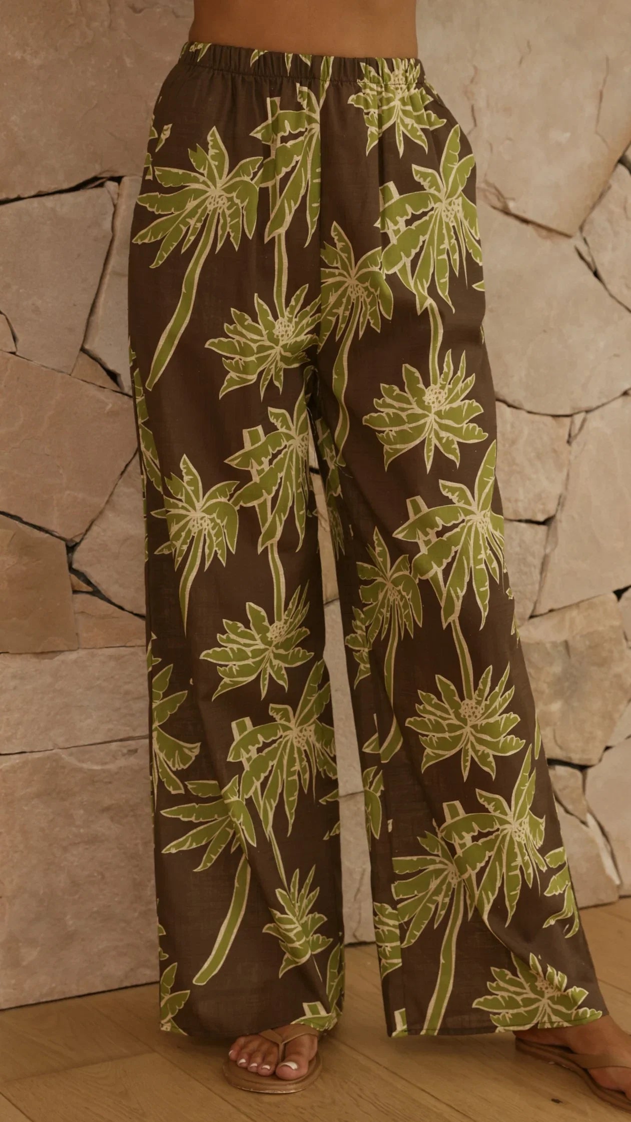 Kailani Strapless Top and Pants Set Brown Green Palm
