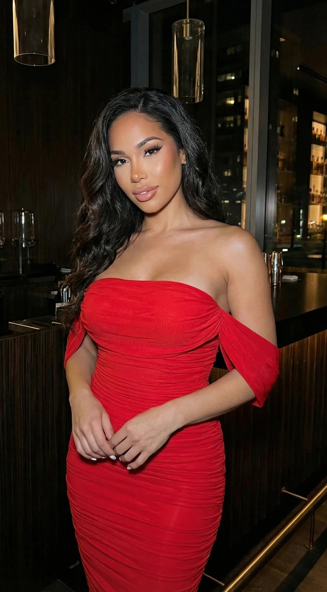 Kat Mesh Off Shoulder Dress Red