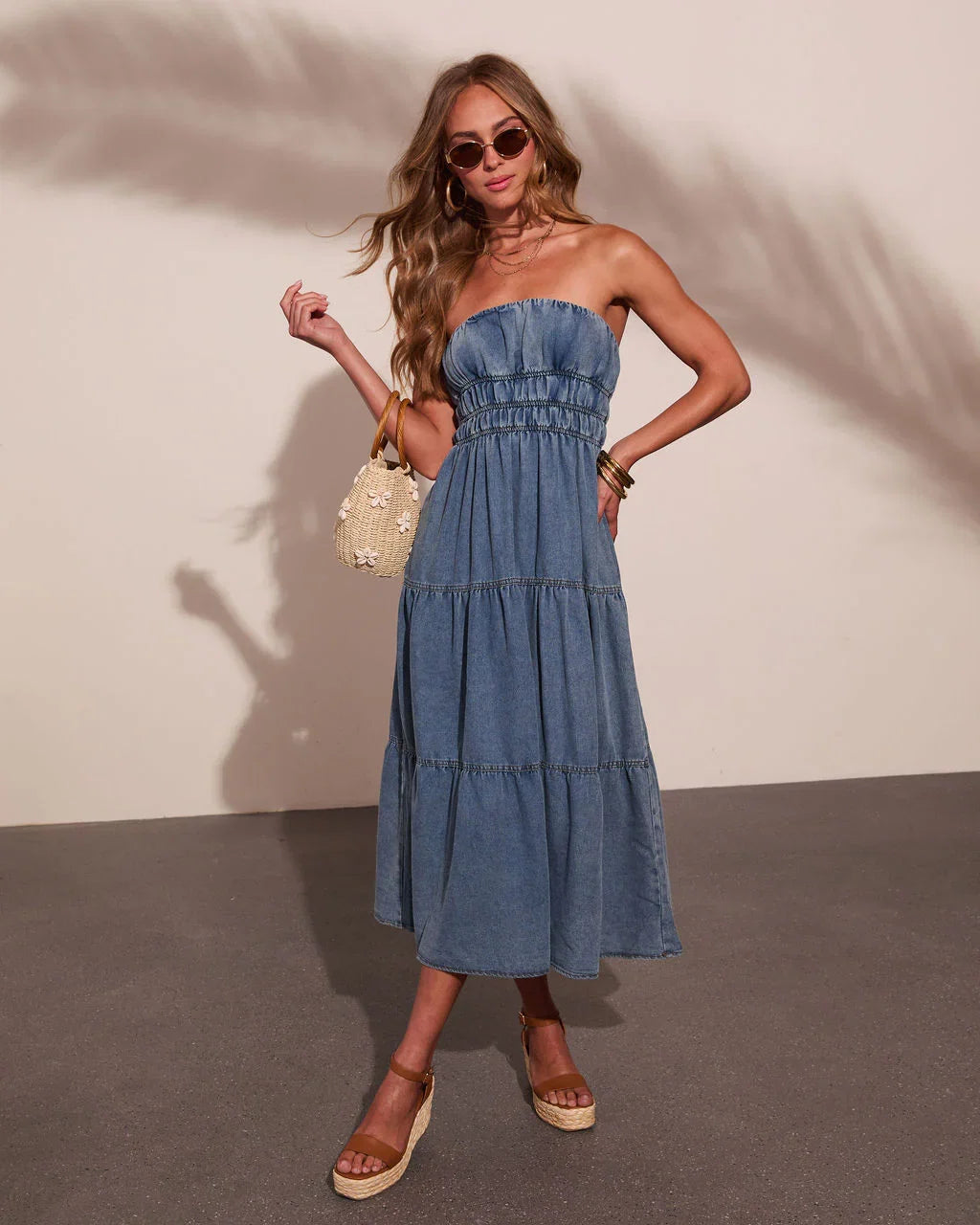Jaclyne Strapless Tiered Chambray Maxi Dress