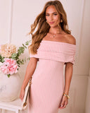 Brendah Knit Off The Shoulder Gingham Print Midi Dress
