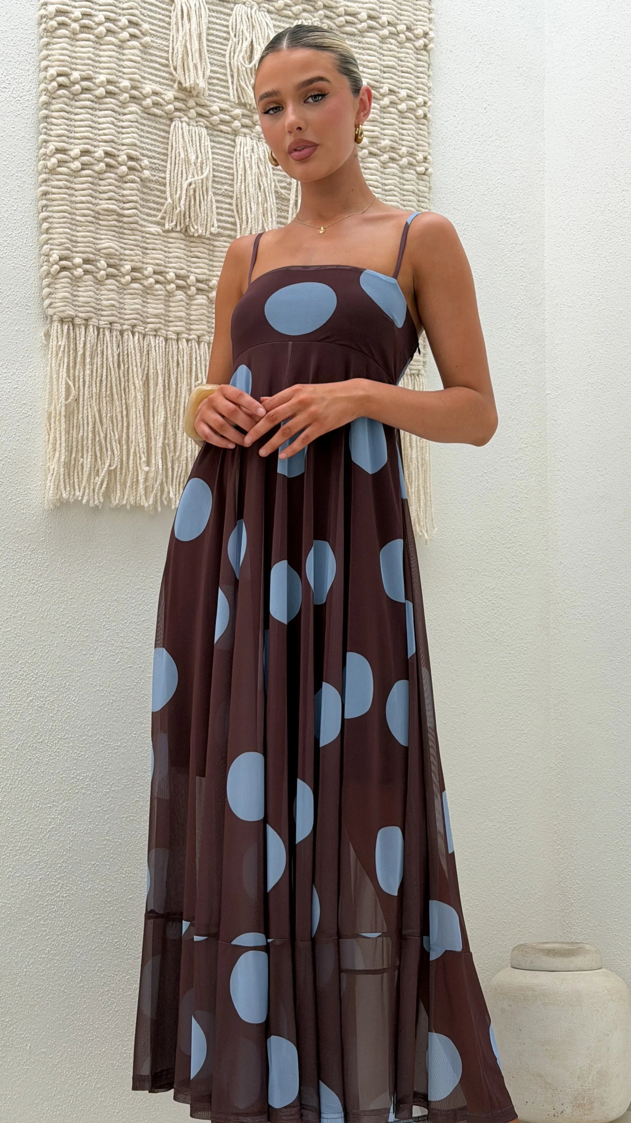 Melinda Mesh Maxi Dress Brown Blue Polka Dot
