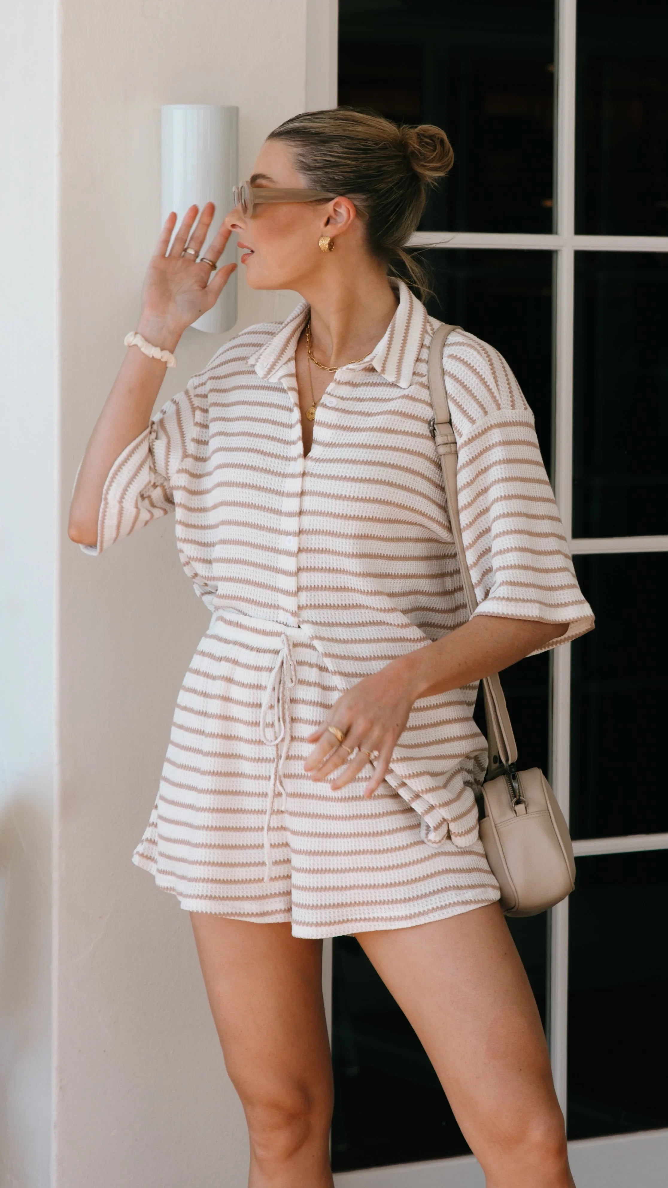 Lacole Button Up Shirt and Shorts Set White Beige Stripe