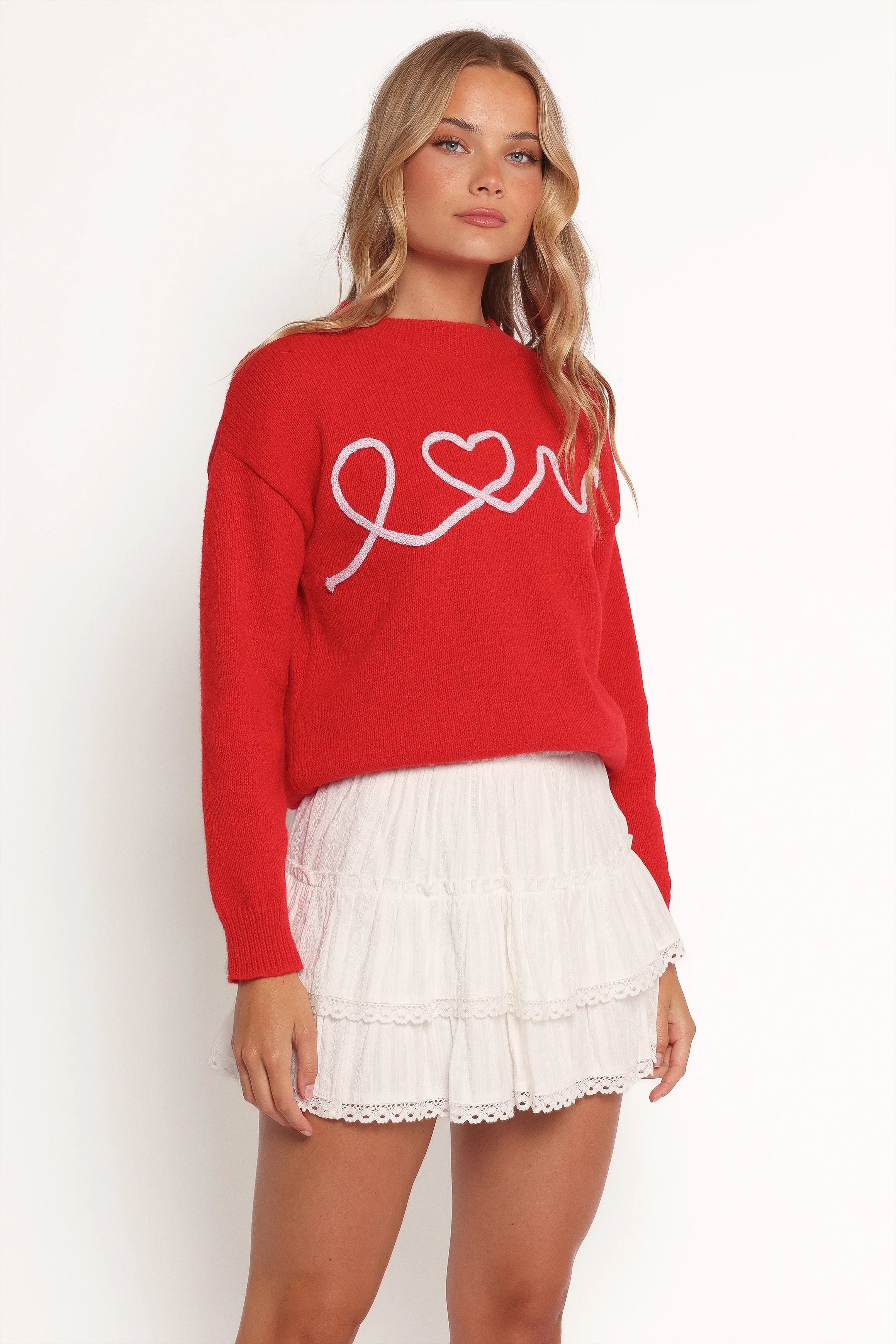 Love Embroidered Knit Sweater Red