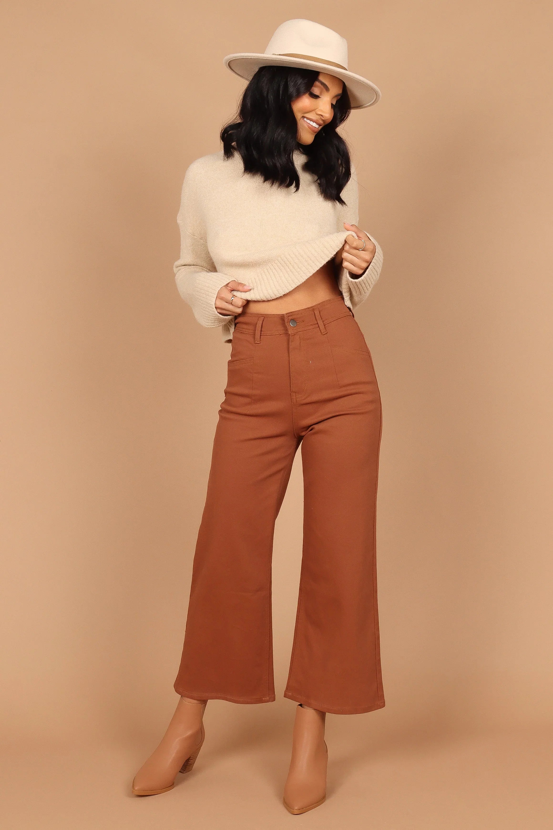 Georgette High Waisted Straight Leg Pants Brown