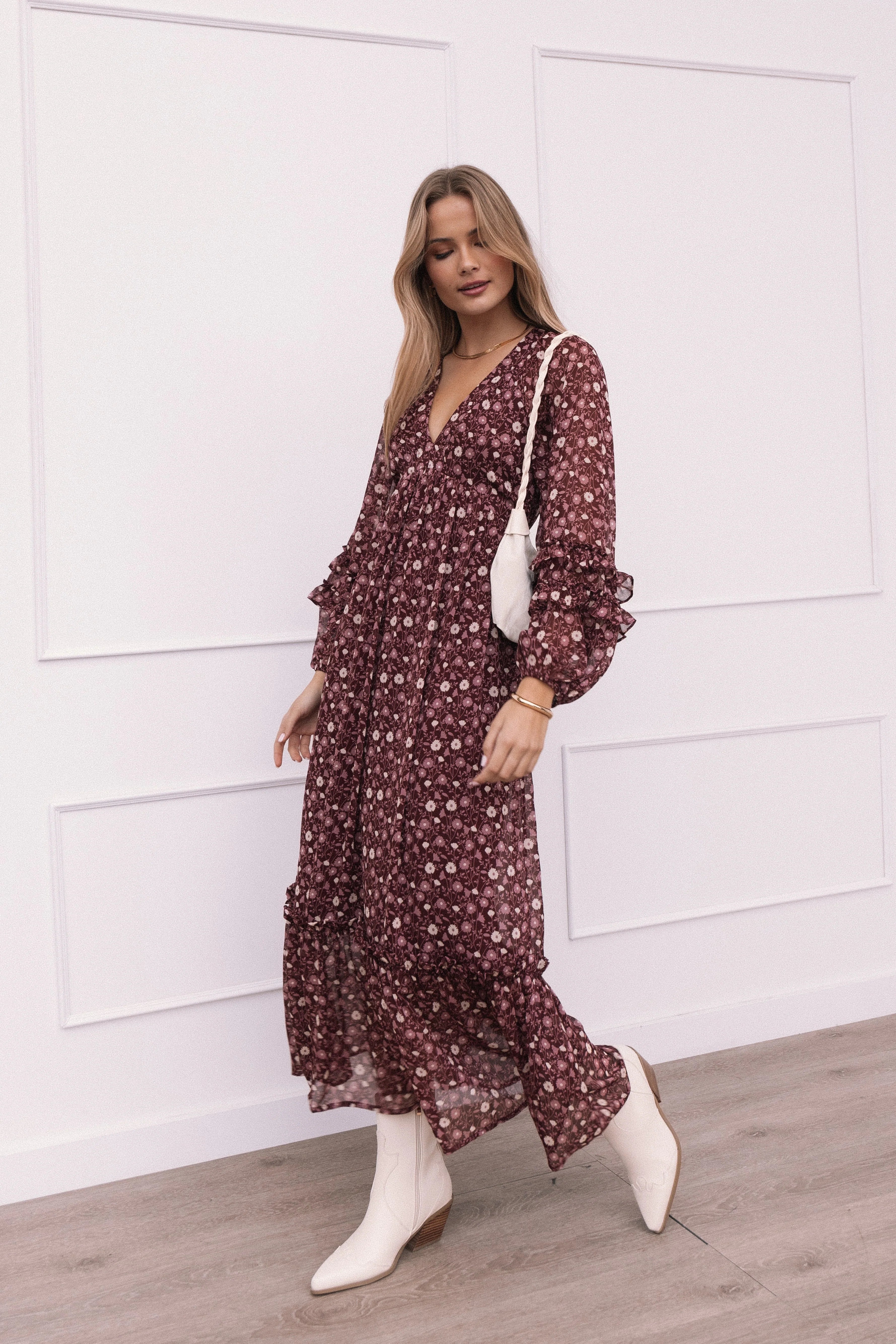 Evian Long Sleeve Maxi Dress Burgundy Multi