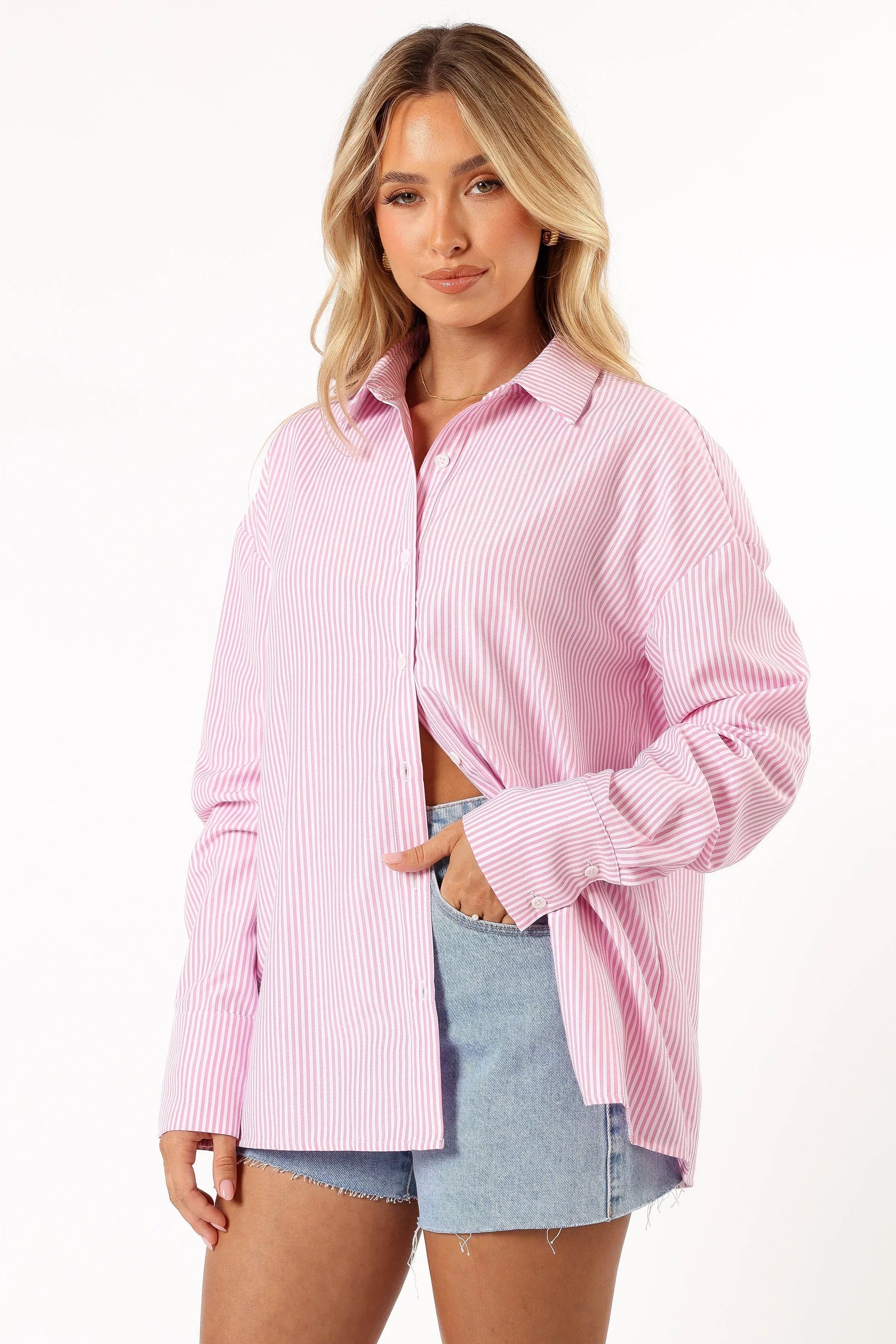 Murphy Button Up Long Sleeve Top Pink Stripe