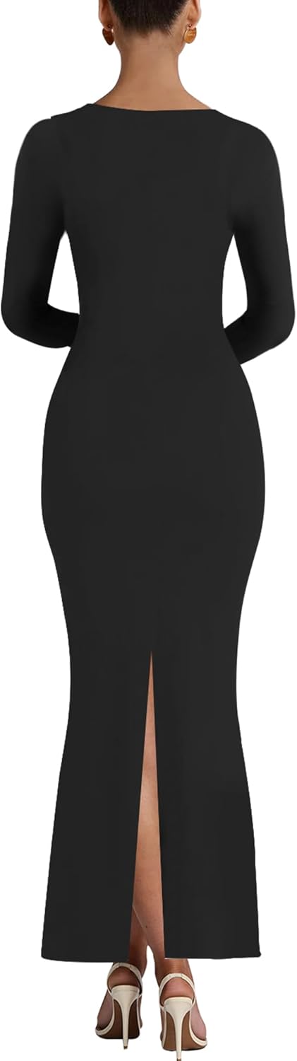 Sexy Long Sleeve Square Neck Bodycon Maxi Dress Split Cocktail Formal Long Dresses