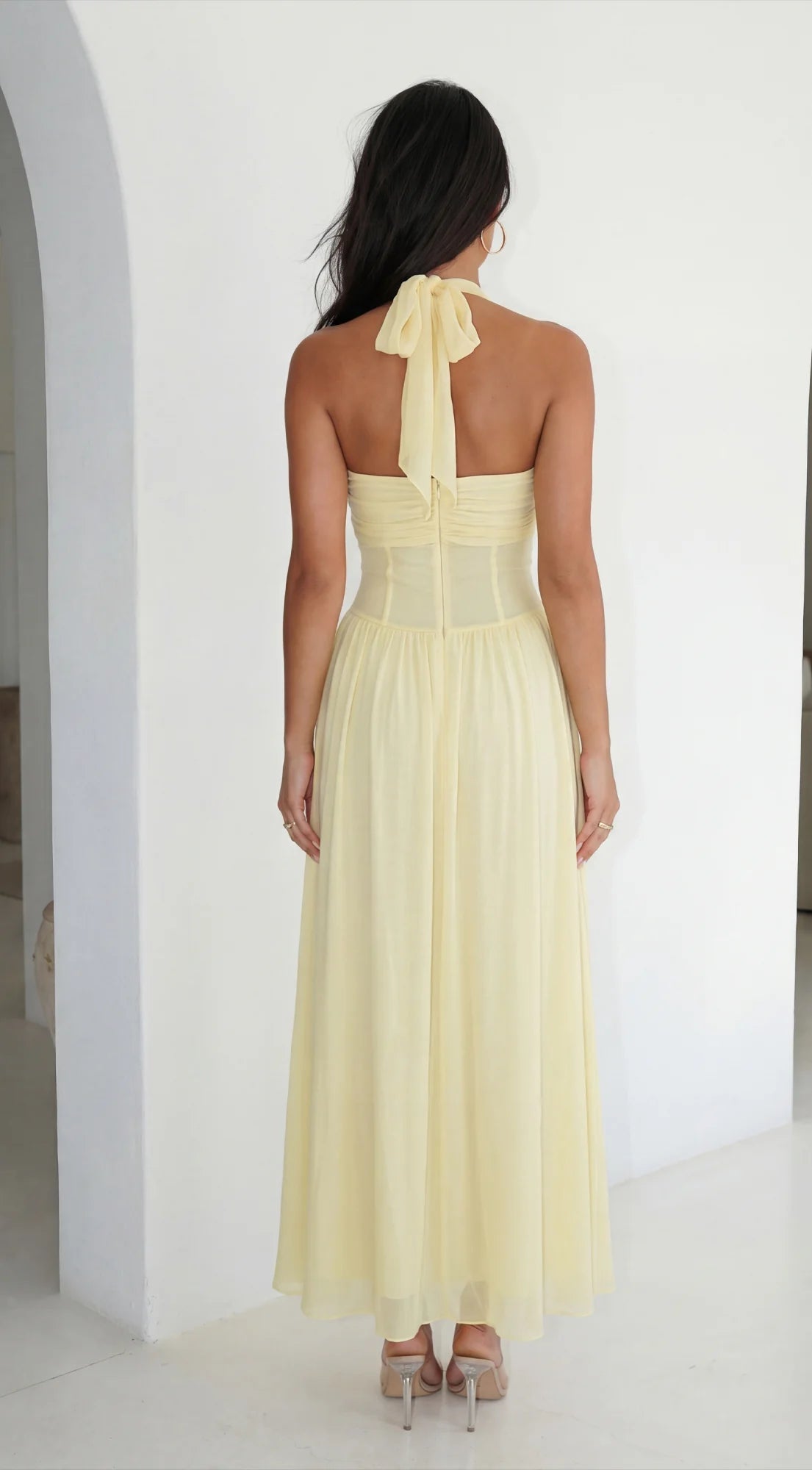 Aurevyn Halter Mesh Maxi Dress Butter Yellow