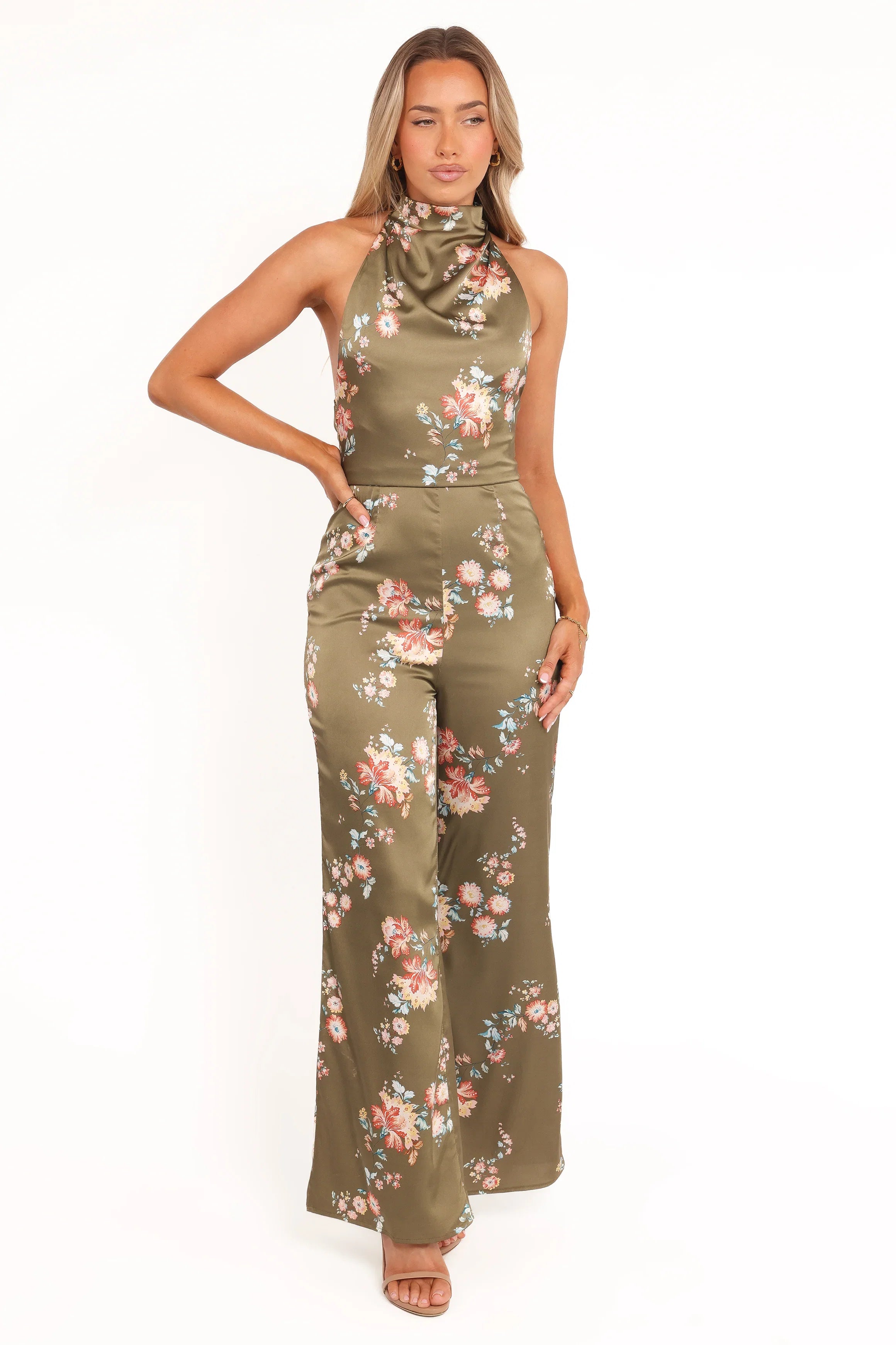 Holly Halterneck Jumpsuit Olive Floral