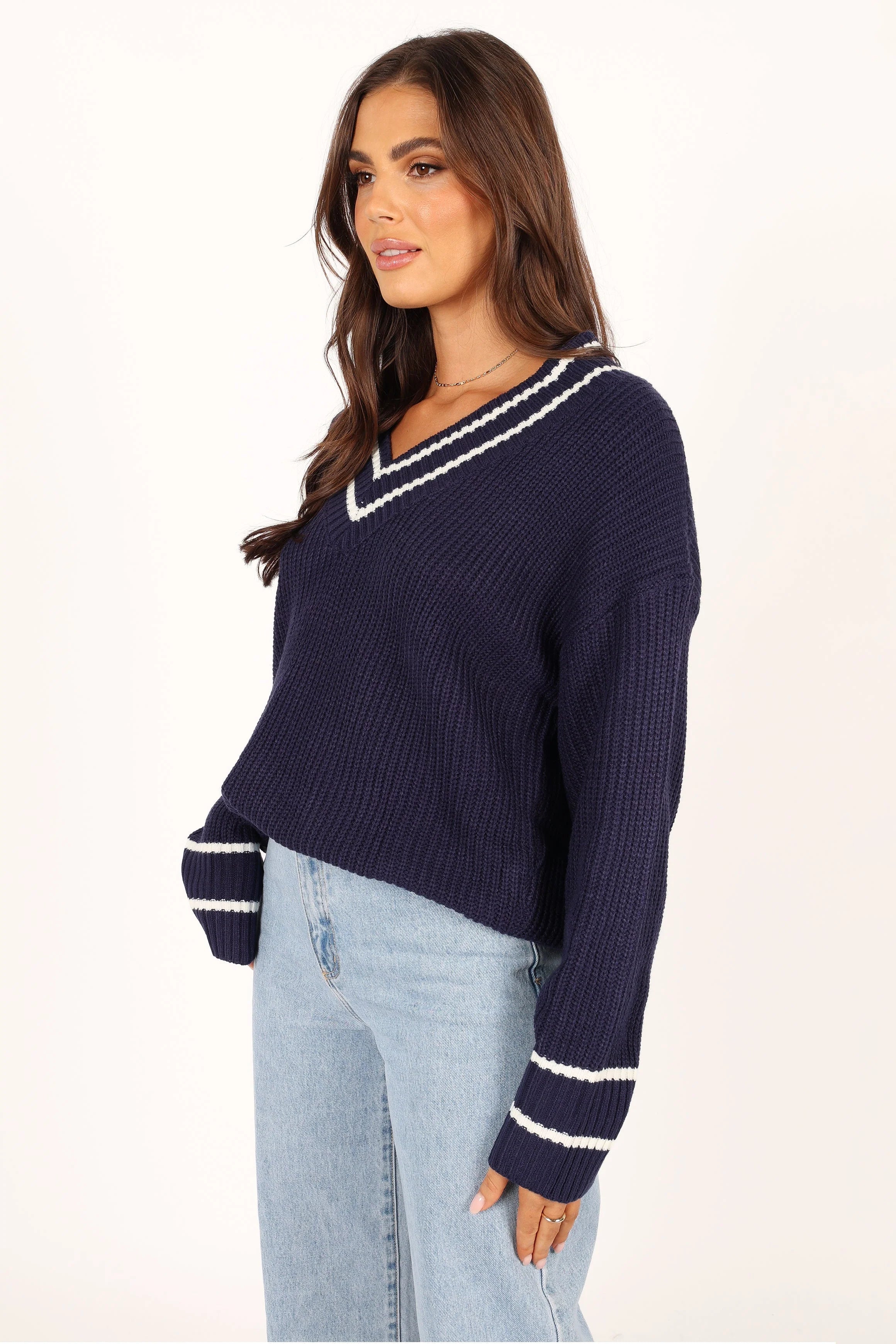 Leanna Vneck Knit Sweater Navy