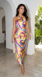 Joviana Abstract Halter Satin Maxi Dress Yellow Multi