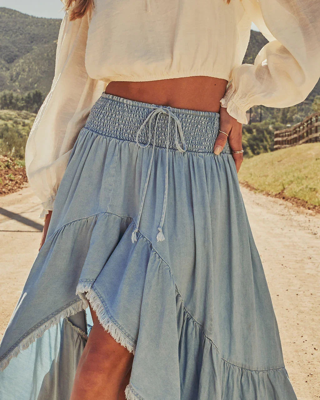 Prairie Rebel Frayed High Low Denim Maxi Skirt