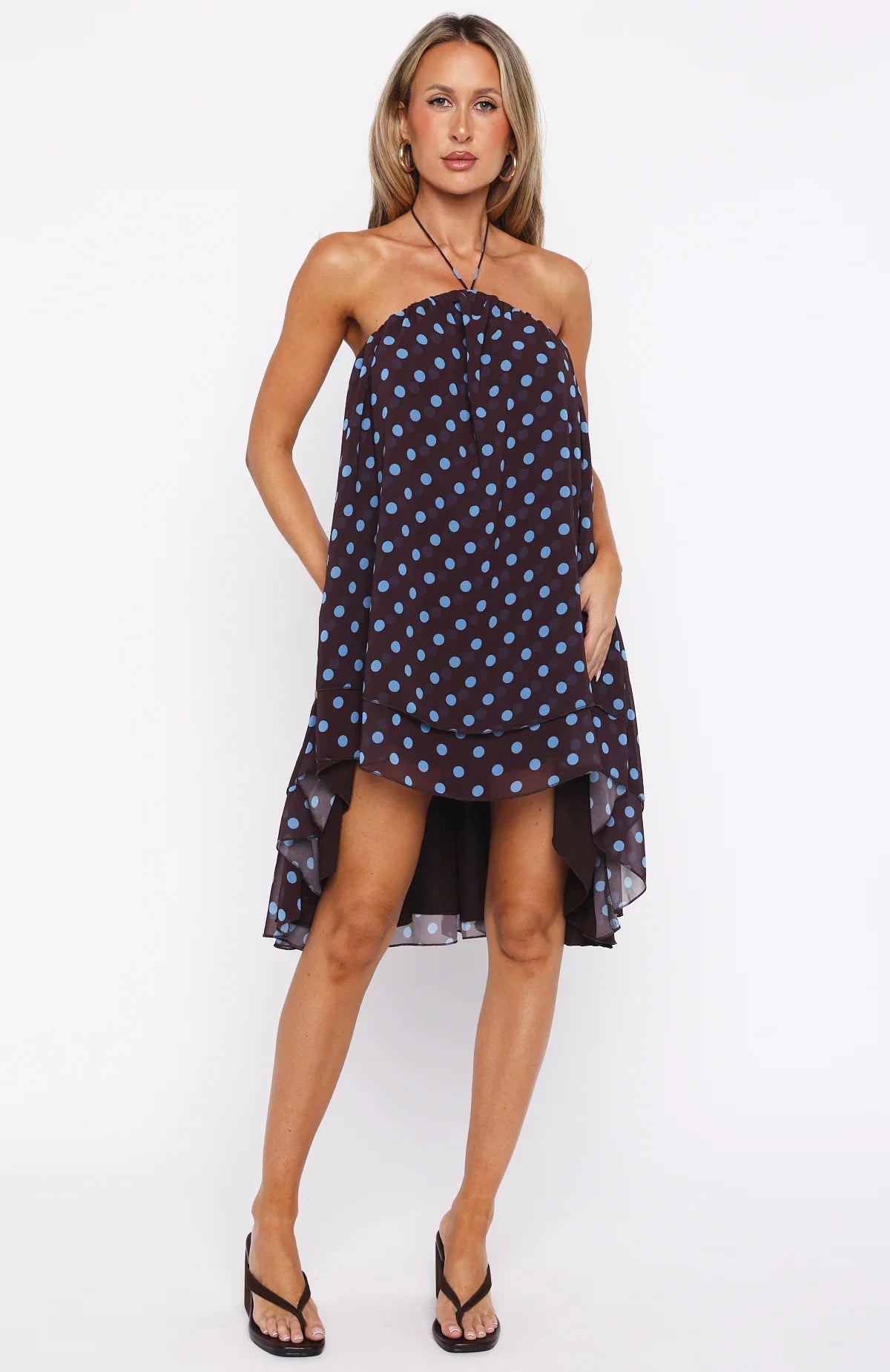 Heartbreaker Status Mini Dress Choc Blue Polka Dot