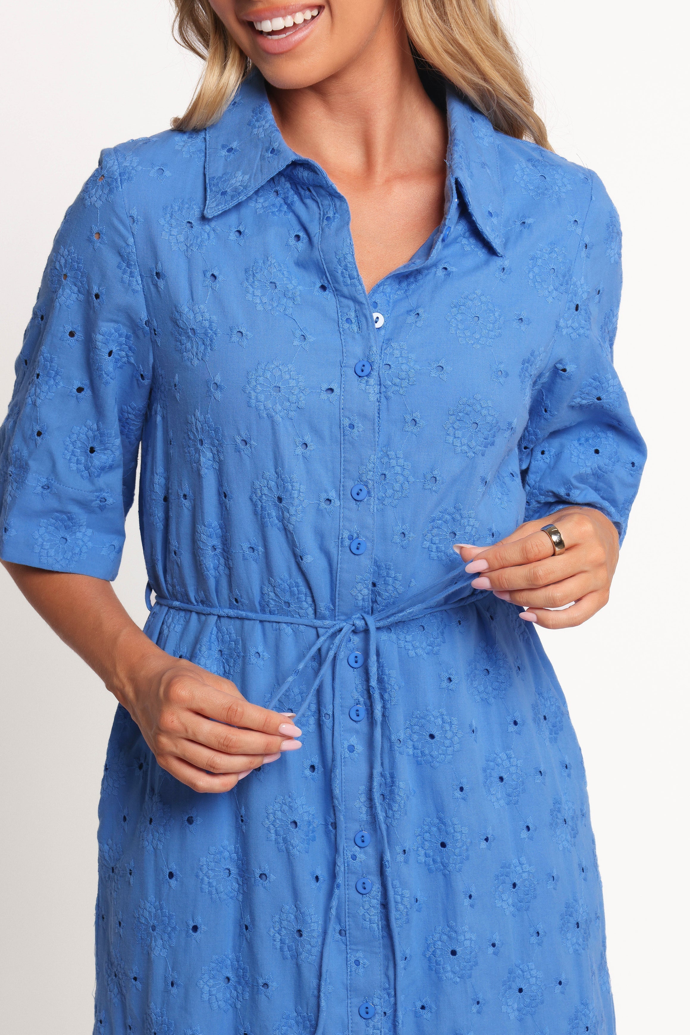 Cooper Embroidered Button Through Midi Dress Cobalt