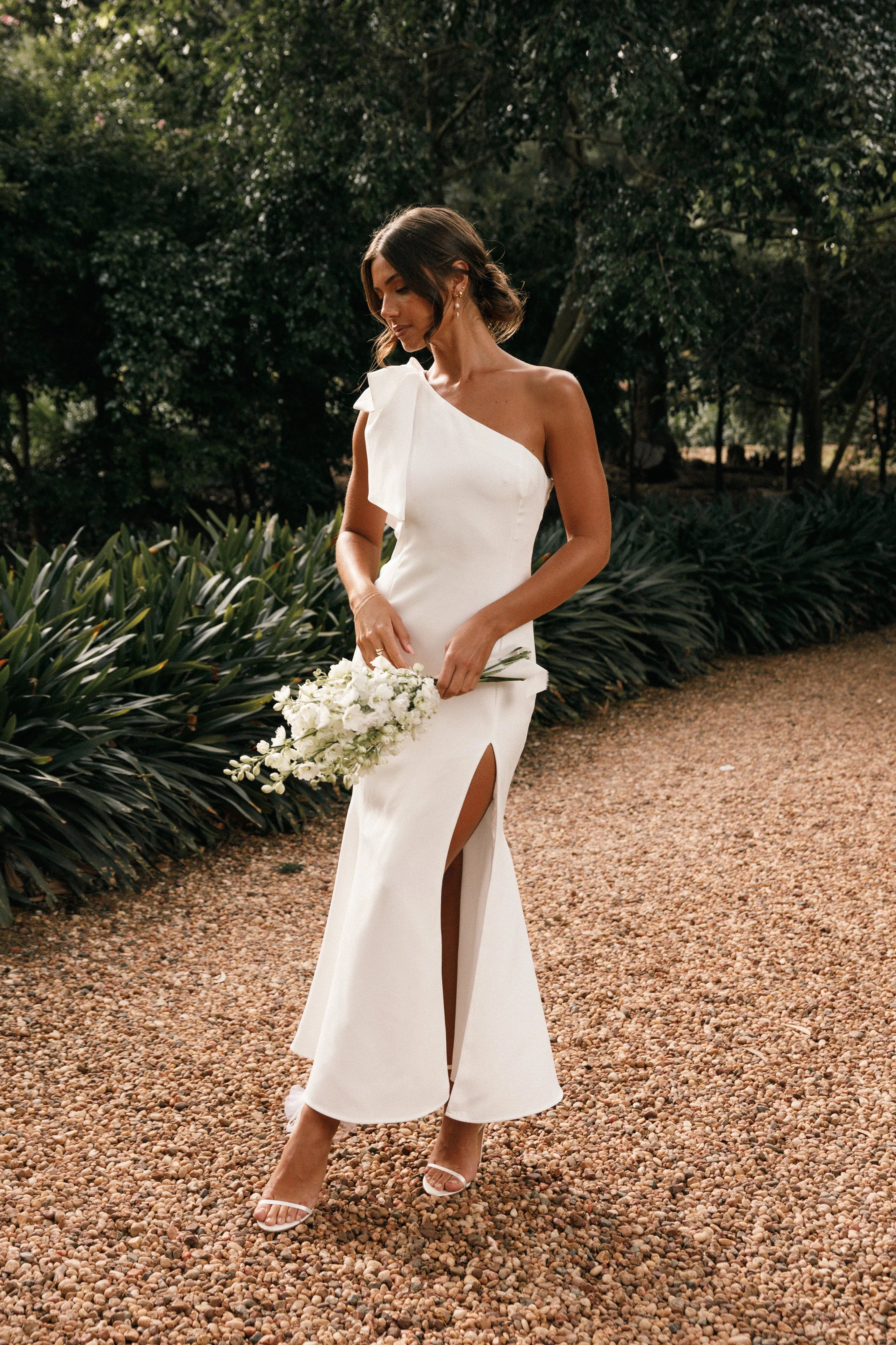 Charmed One Shoulder Midi Dress Off White