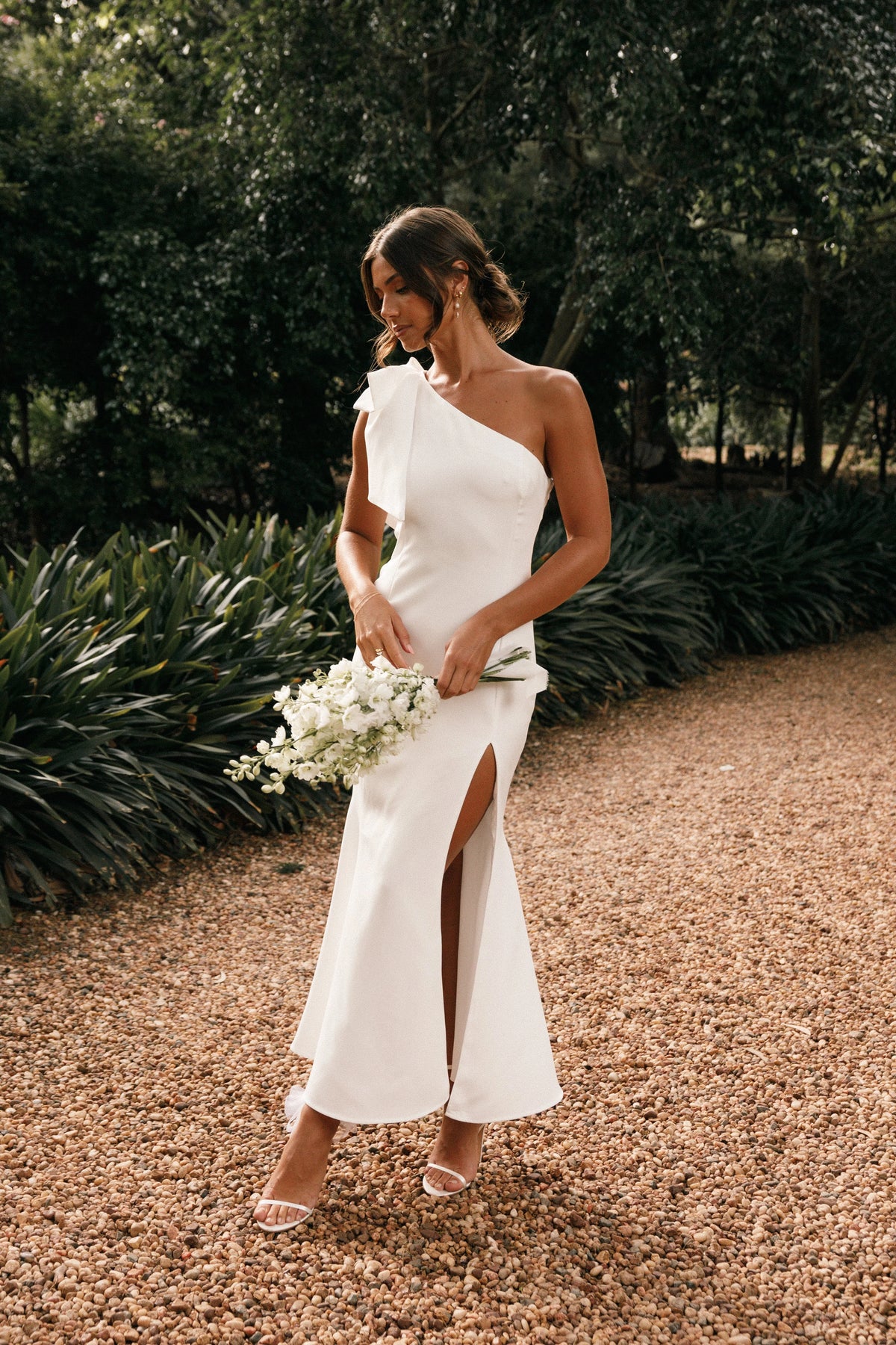 Charmed One Shoulder Midi Dress Off White