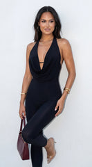 Selena Cowl Halter Capri Jumpsuit Black